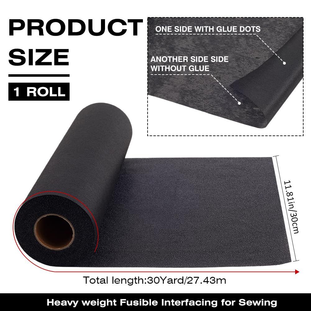 CRASPIRE Entretela Termoadhesiva de Poliéster de Peso Pesado de Una Sola Cara de 30 Yarda X 11.8 Pulgadas Pulgadas Color Negro para Manualidades Costura Acolchado Y Manualidades.