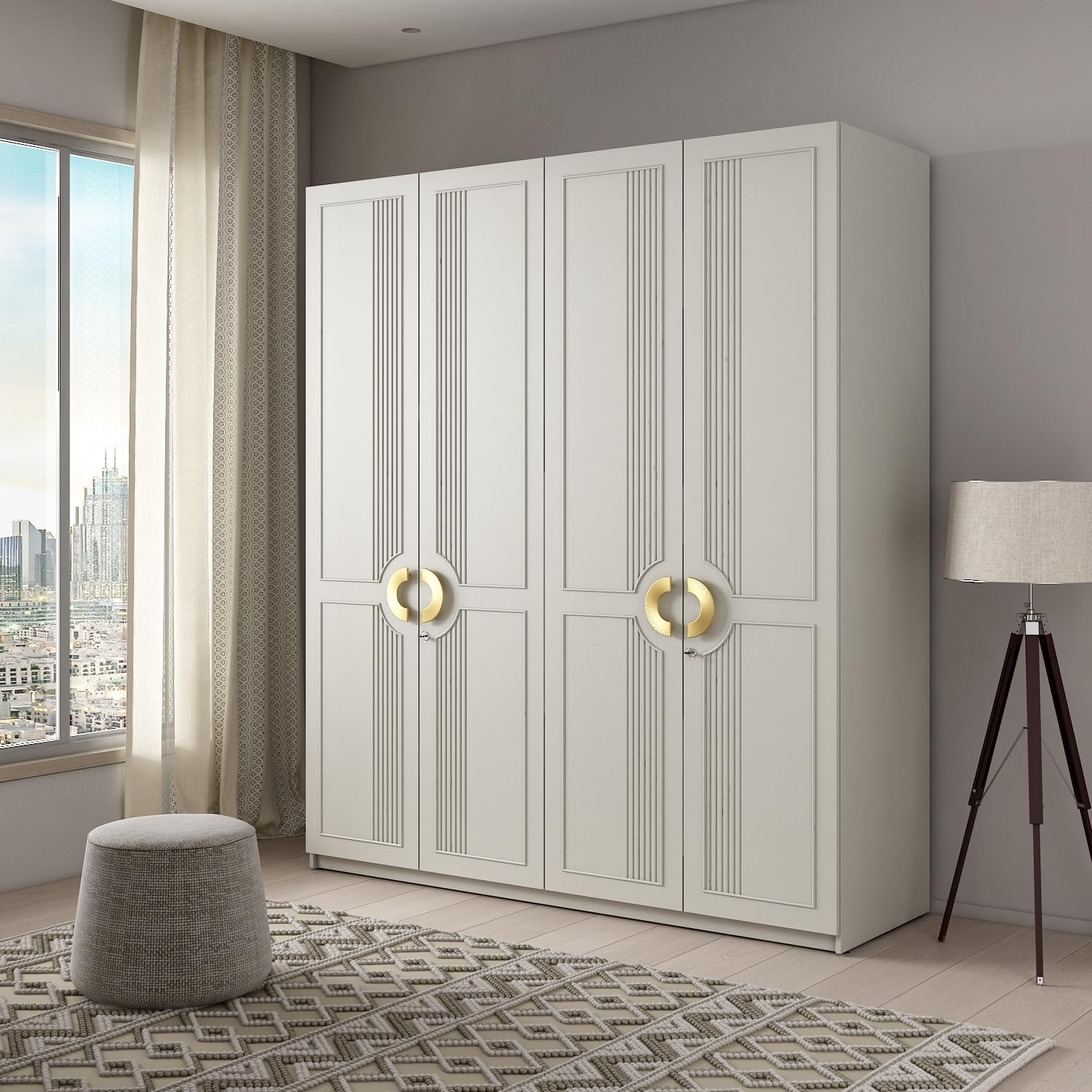 Spacewood Akira 4 Door Wardrobe for Bedroom | Engineered Wood Almirah with 2 Lockable Drawers & Dual Hanging Space | Wooden Cupboard Storage Cabinet | Pumic Grey 42 Finish | 3-Year Warranty-image-20