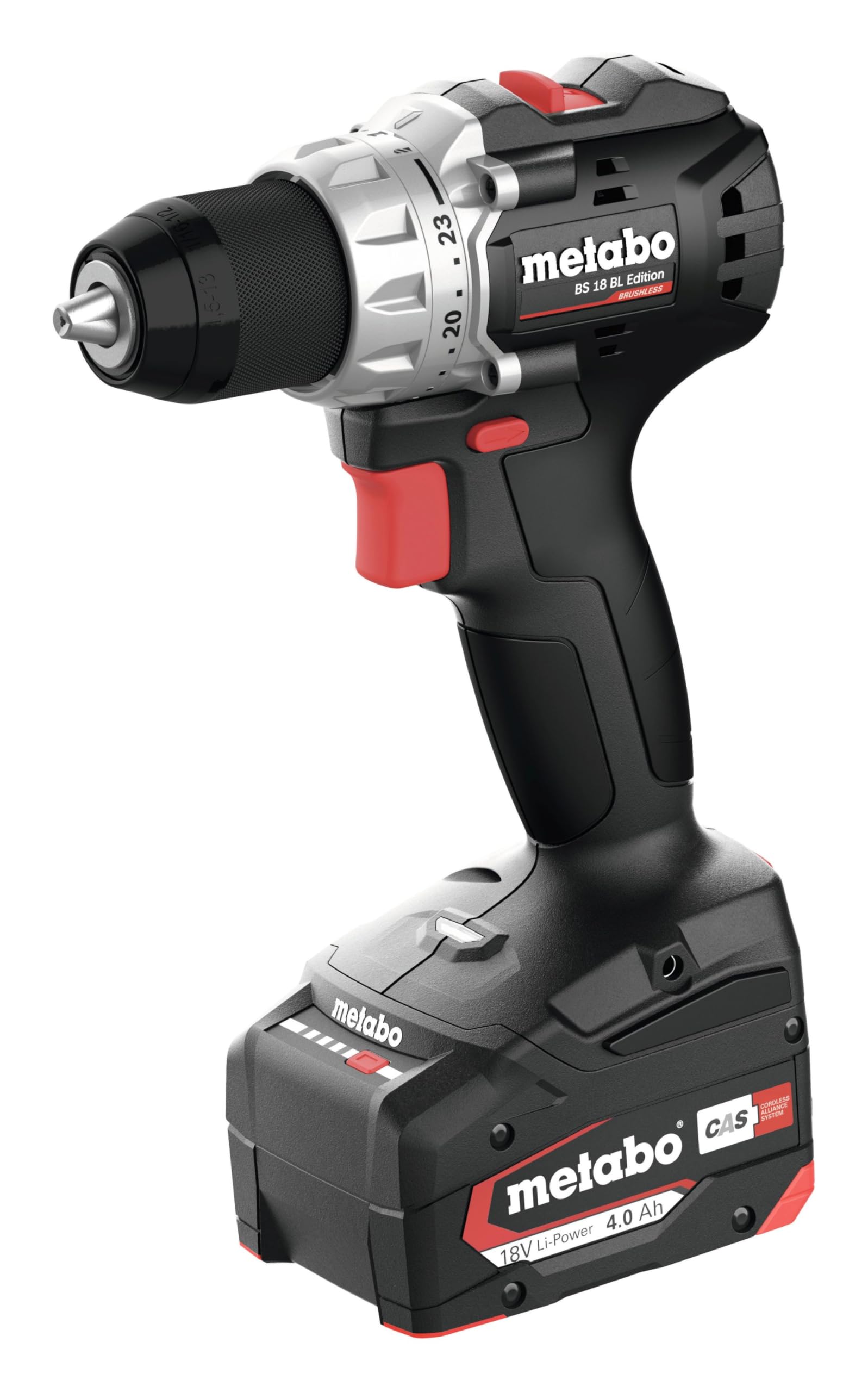 metabo Taladro para batería BS 18 BL Edition - 18 V, CAS, par de giro de 60 Nm, taladro Ø de 36 mm - Sin escobillas, compacto y potente para perforar y atornillar con precisión - Incluye batería (18V