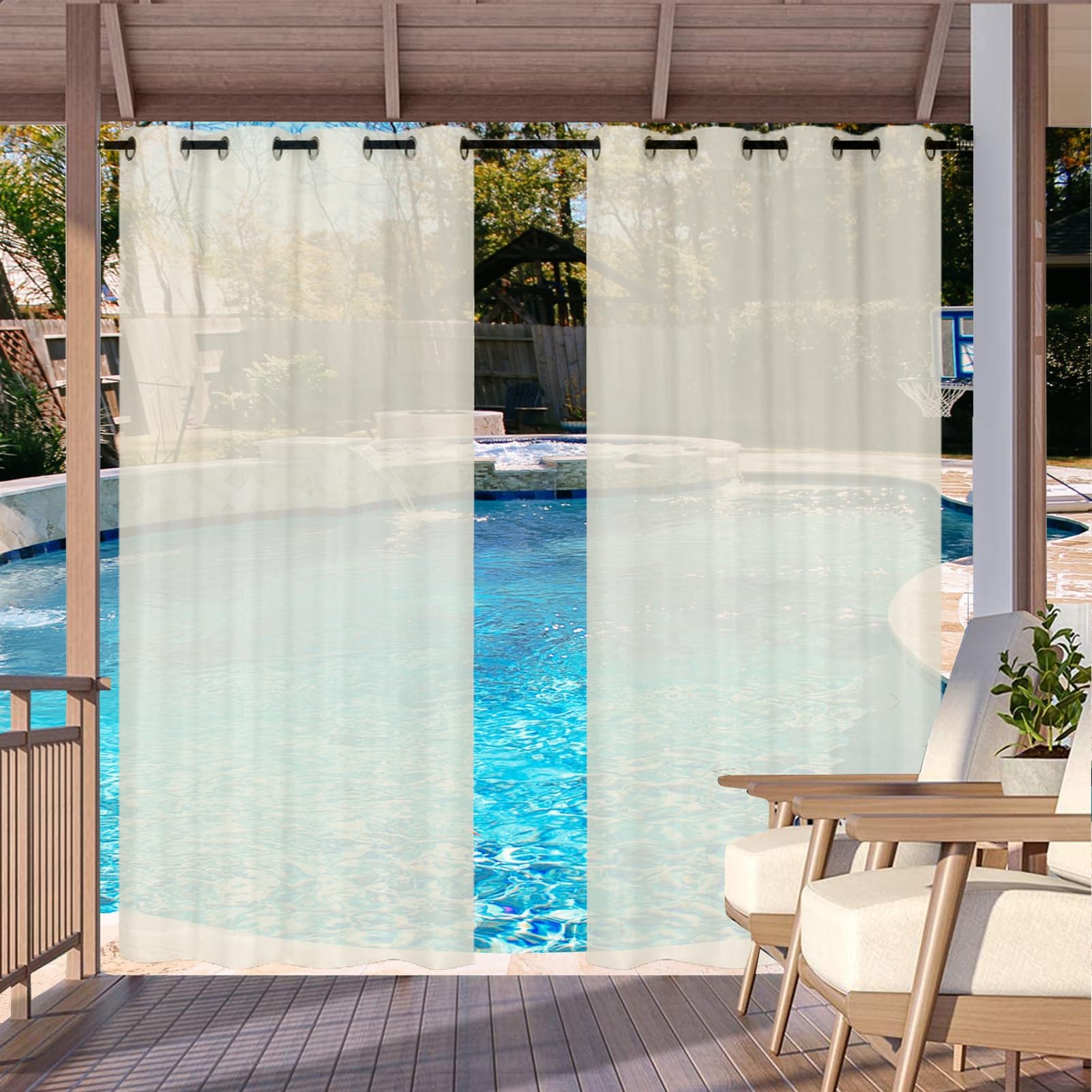 Outdoor Vorhang Wasserdicht Transparent Gardinen mit Ösen Leinenoptik Outdoorvorhänge für Gartenlaube Balkon Terrasse Pavillon 2 Stück, Beige, 132x213cm