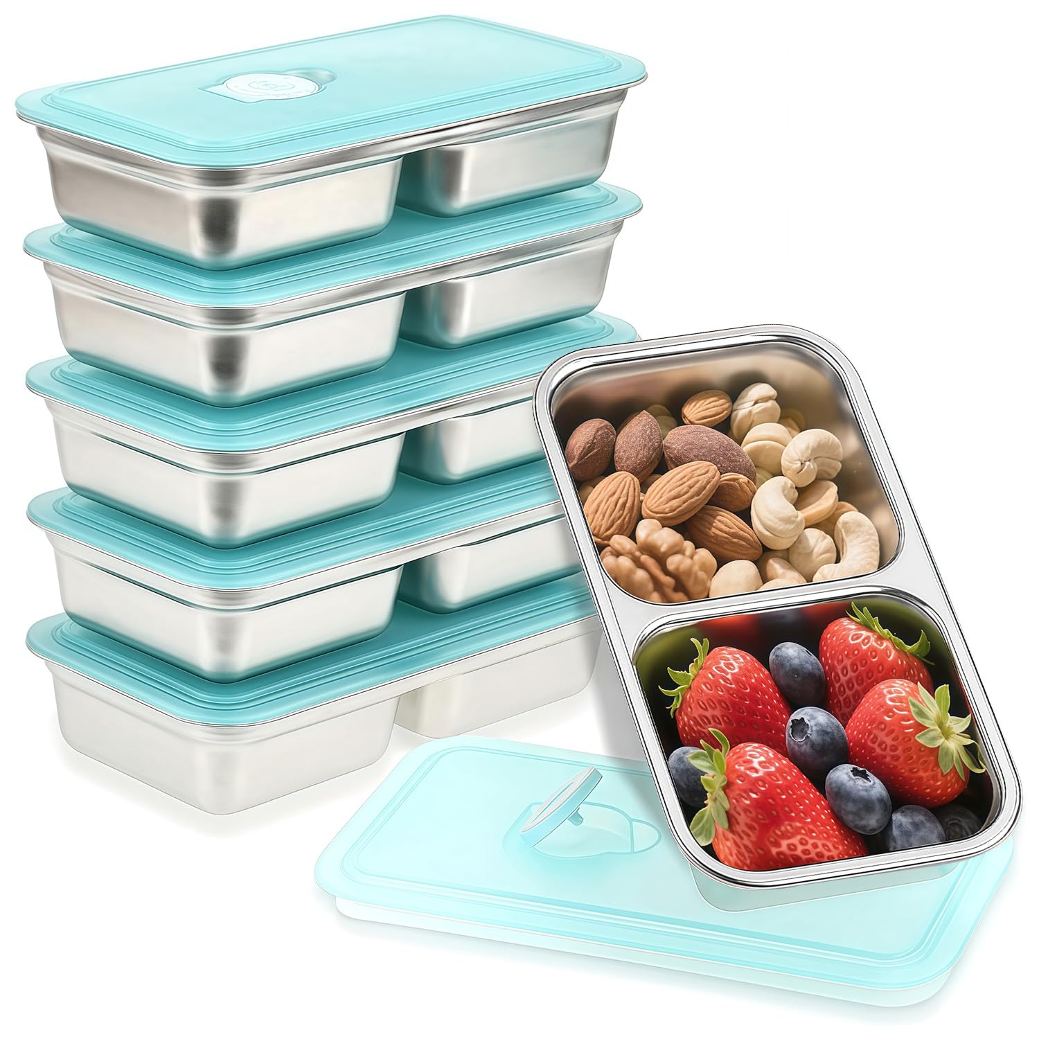 Photo 1 of BSTUR Stainless Steel Snack Containers, 6-Pack Reusable Grab and Go Containers with Lids, Dual Compartment Bento Box for Travel, Camping & Lunch Prep