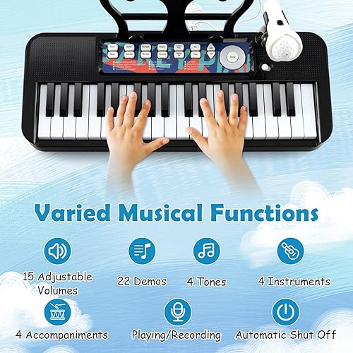 Miniatura 4 de HONEY JOY Piano para niños, piano de teclado negro de 37 teclas para niños con soporte de música y banco, piano de cola de bebé de juguete con