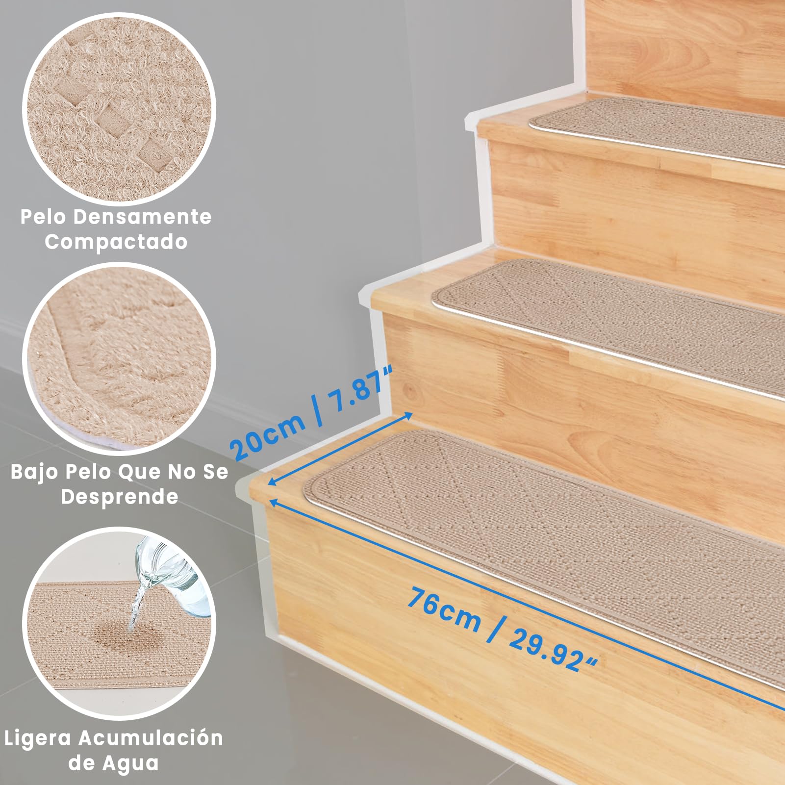 Alfombrillas para Escaleras Antideslizantes 76x20cm, 15 Alfombrillas Autoadhesivas Escalones Interiores, Recortables y Reutilizables - Protección para Mascotas, Mayores, Niños (Crema Beige)