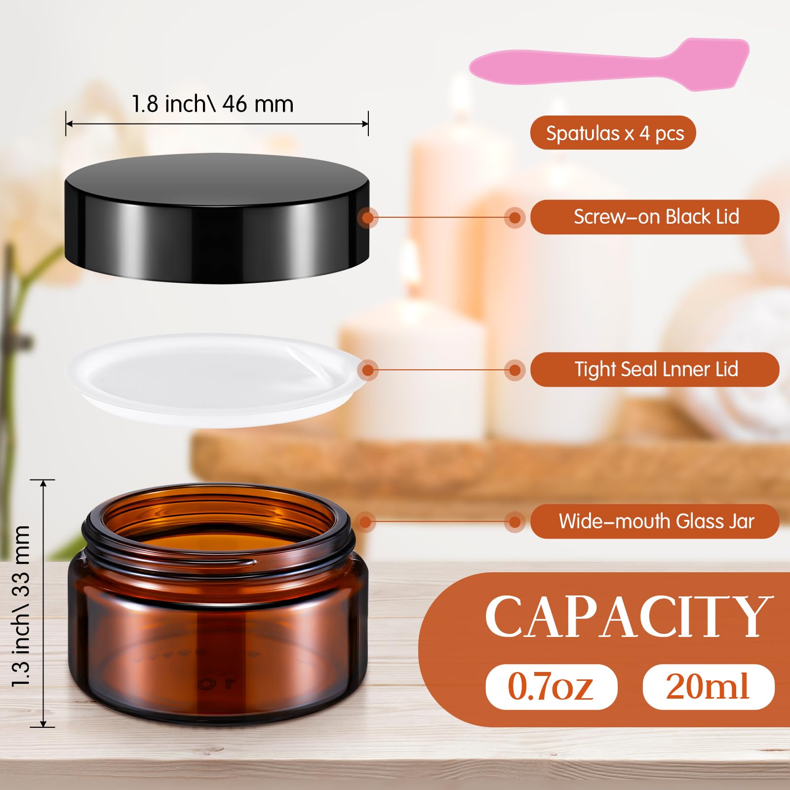 Honeydak 24 Pack 0.7oz Amber Glass Jars with Lids Airtight Cosmetic Containers Reusable Empty Tiny Cosmetic Jars for Lip Balm Lotion Cream Sample Wax Salve Ointments Travel Size Light-blocking