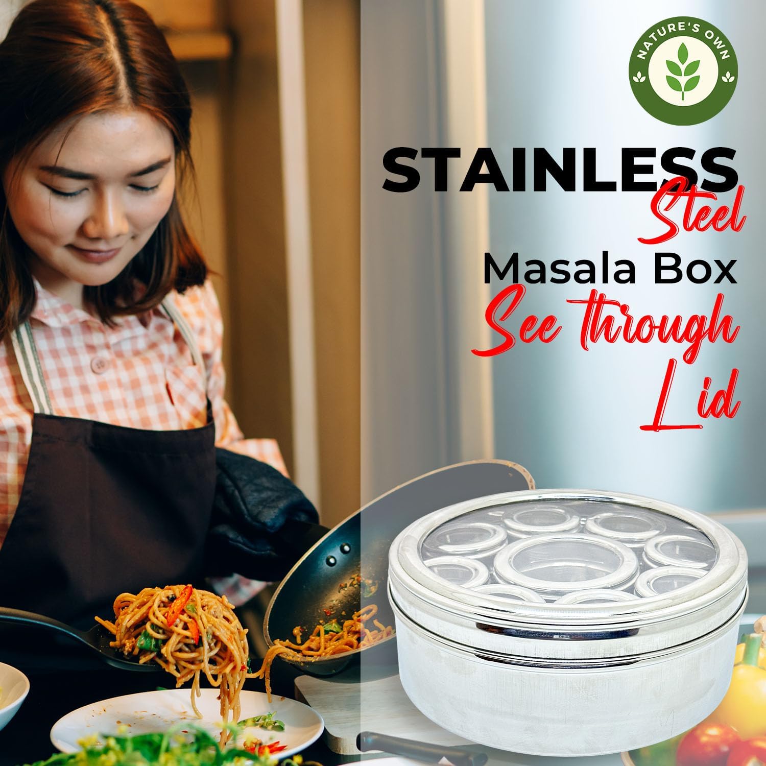 Nature's Own Spice Container - Masala Dabba with 9 Compartments | Stainless Steel Masala Box | Indian Spice Box with Transparent Lid | 8x8 Masala Organizer | Kitchen Storage for Spices and Herbs image 2