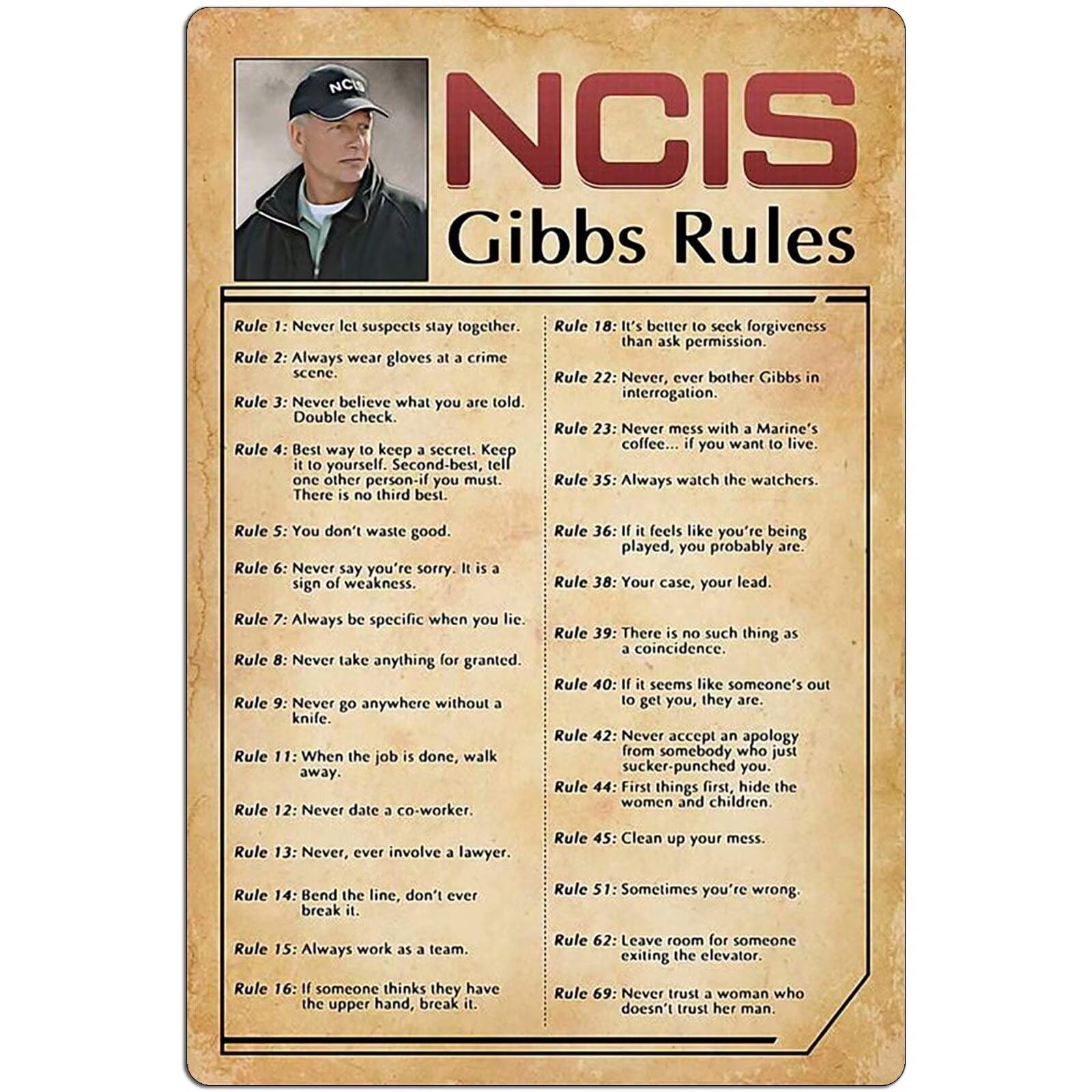 FJQWKLF Retro Poster Tin Signs, NCIS-Gibbs-Rule Printed Canvas Decoration! Funny Family Cafe Kitchen Bathroom Man Cave Wall Decoration 12X8 Inch