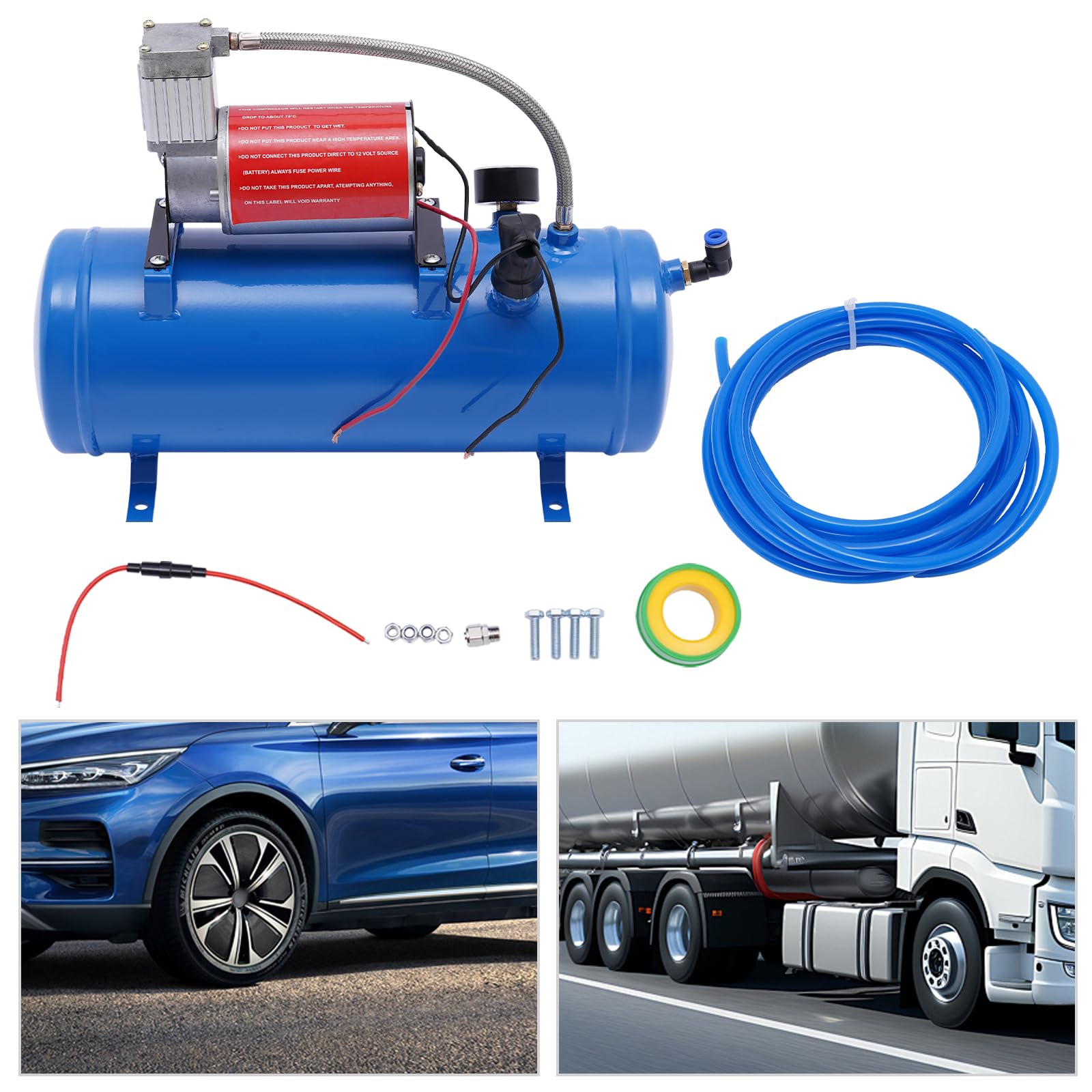 Compressore d'aria da 12 V con serbatoio da 6 L, compressore d'aria per auto, sistema di compressore d'aria integrato, 100 psi, per clacson d'aria, gonfiaggio pneumatici, camion, SUV, ecc.