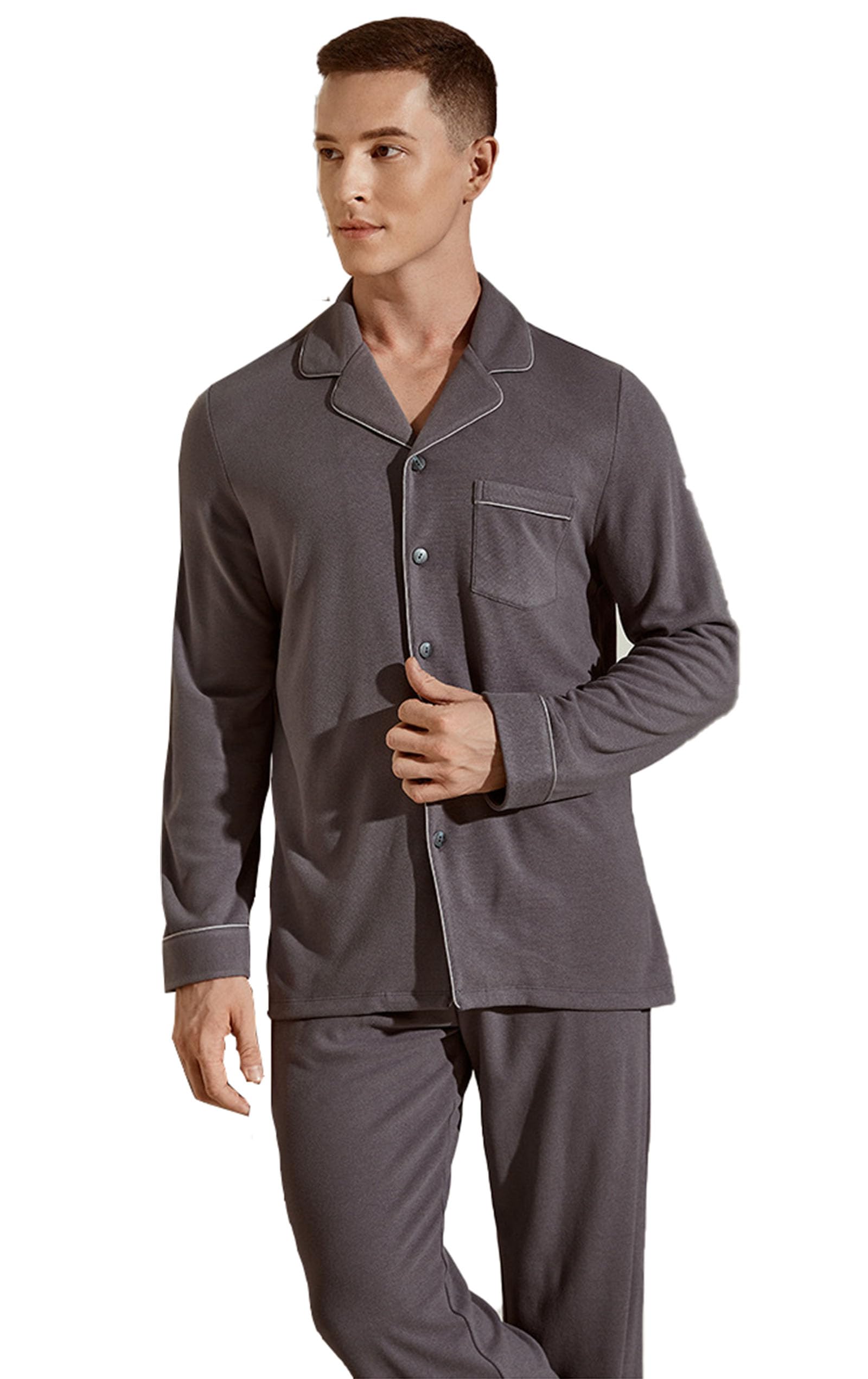 Pyjama à Revers pour Hommes Ensemble à Manches Longues Léger Bouton jusqu'à Vêtements de Nuit Lounge Pjs Set avec Poches