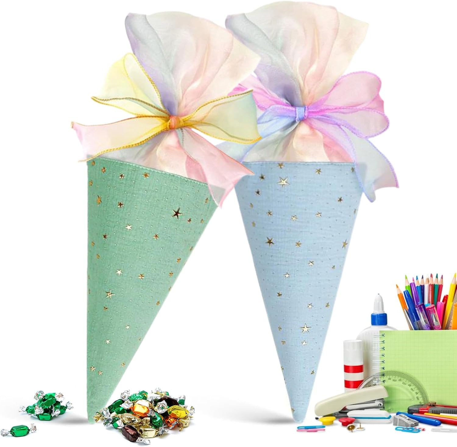 Cone Treat Bags | Cookie Bags | Wrap Candy Treat Packaging with Twist Ties for Popcorn Snack Goodie School Party Favors Events Celebrations Gatherings Classroom