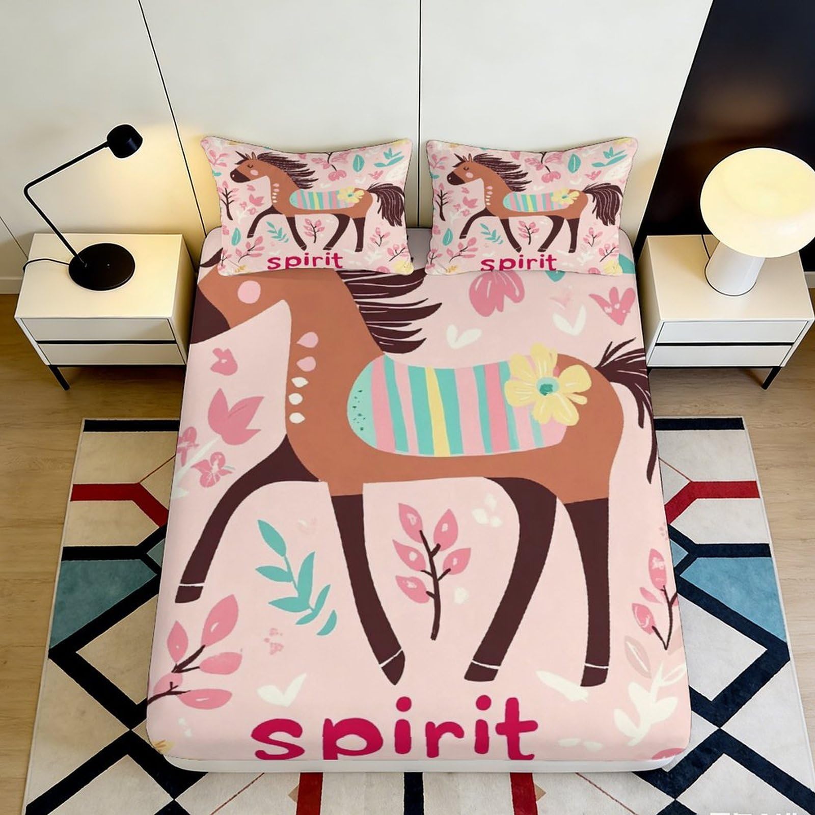 3D Printed Horse Spirit Fitted Sheet Microfiber Soft Breathable Floral Pattern Bed Cover for Bedroom Dormitory Guest Room Mattress Protection 120x200x25cm