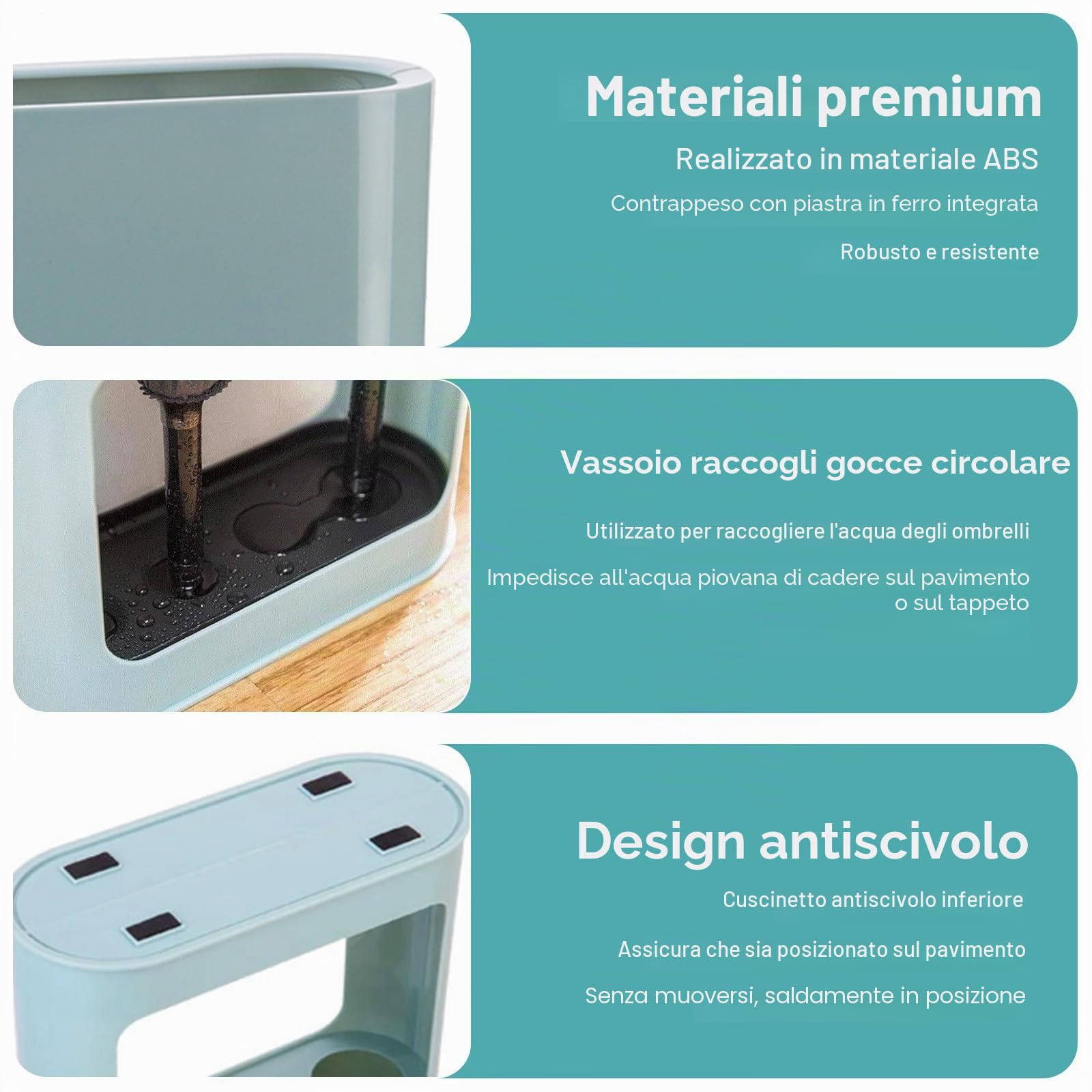 Portaombrelli in Plastica Blu con Vassoio Antigoccia Rimovibile - Design Minimalista, Capacità 4 Ombrelli (Piccoli/Grandi), Dimensioni 28x22x9 cm - Ideale per Casa/Ufficio.
