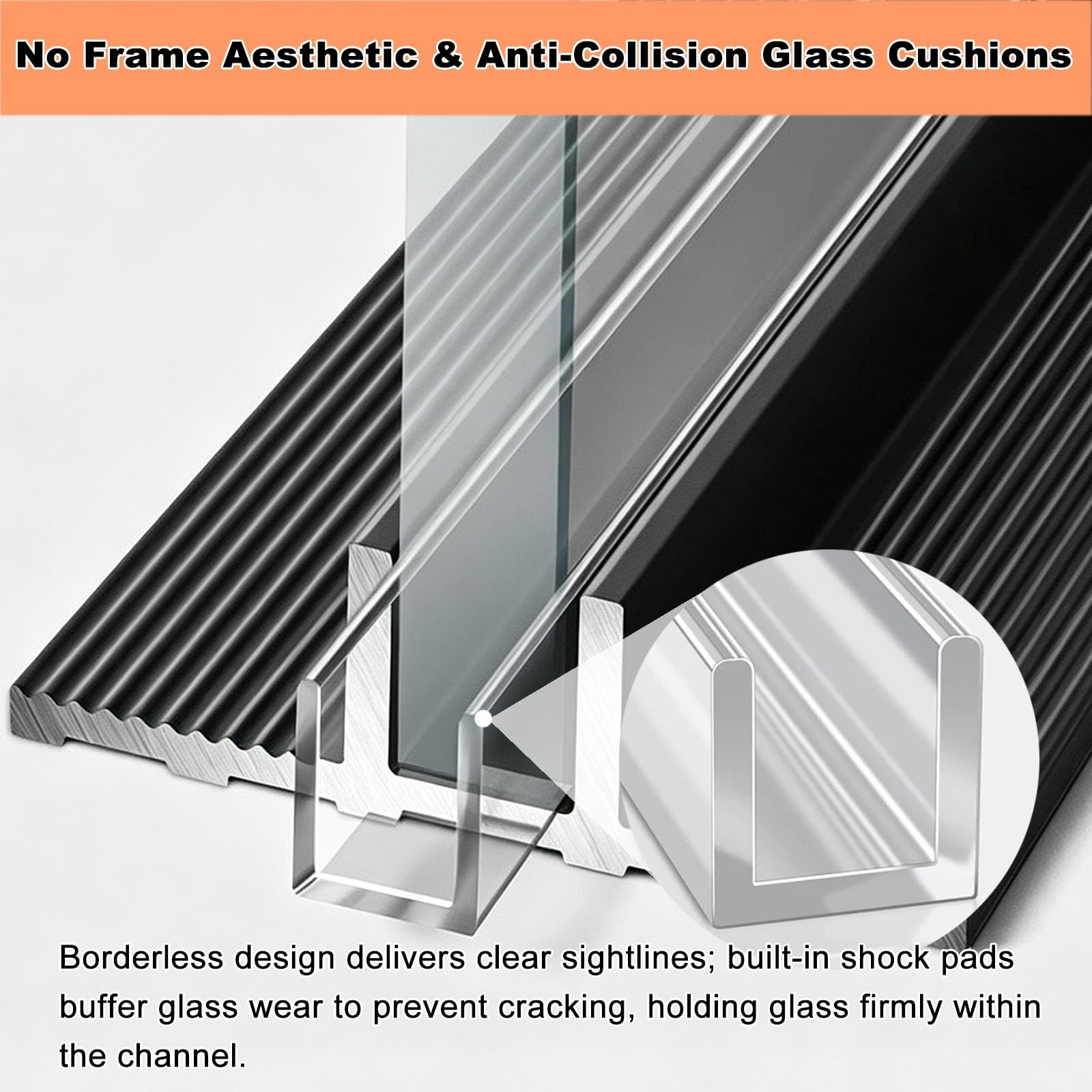 Profil aluminiowy F do prysznica Heavy Duty | Z PVC nizione pasuje do szklanych ścianek prysznicowych 8/10/12 mm (12 mm czarny, 240 cm / 94.5 in/94,5 cala)