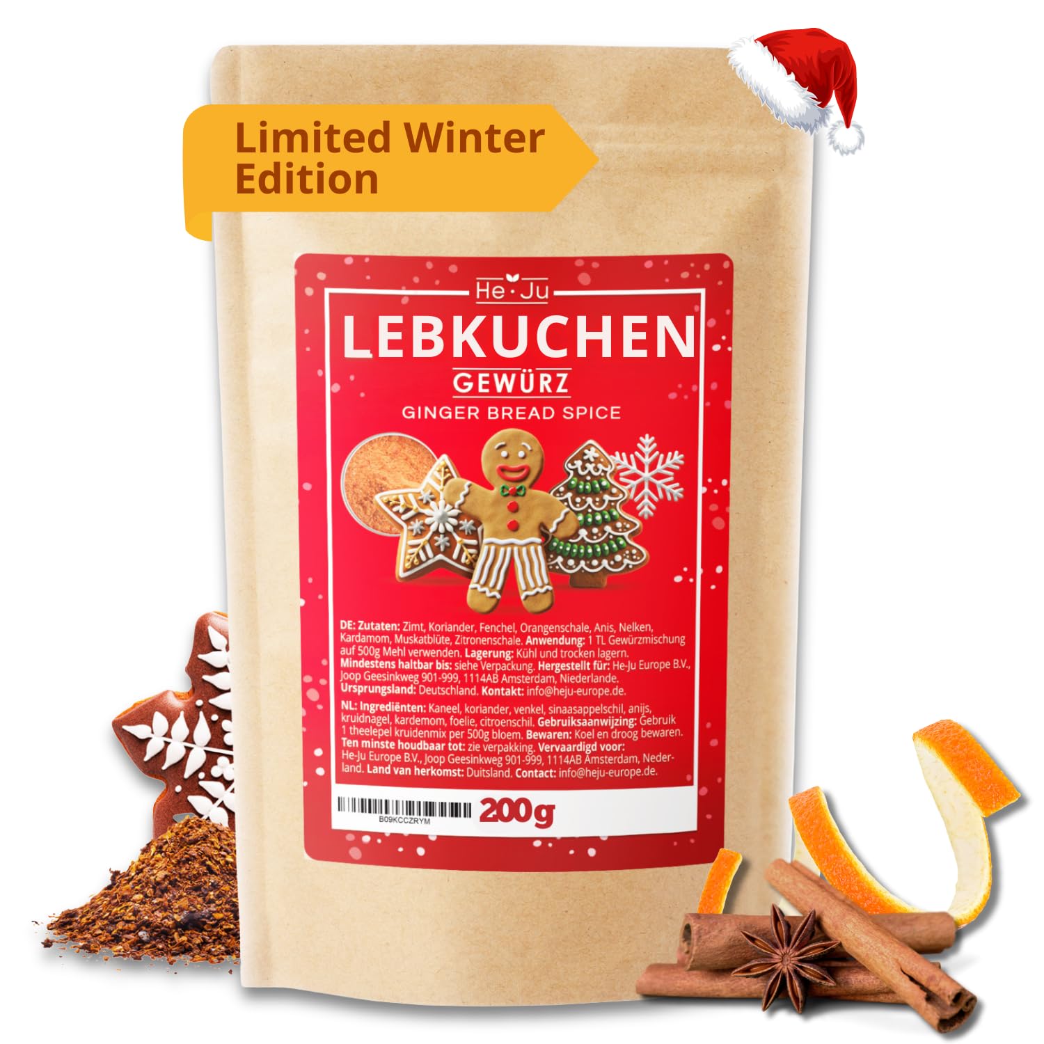 He-Ju Lebkuchengewürz zum Backen 200g, Aromatische Weihnachts-Gewürzmischung für Plätzchen & Desserts, 100% natürlich, vegan, glutenfrei, ohne Zuckerzusatz