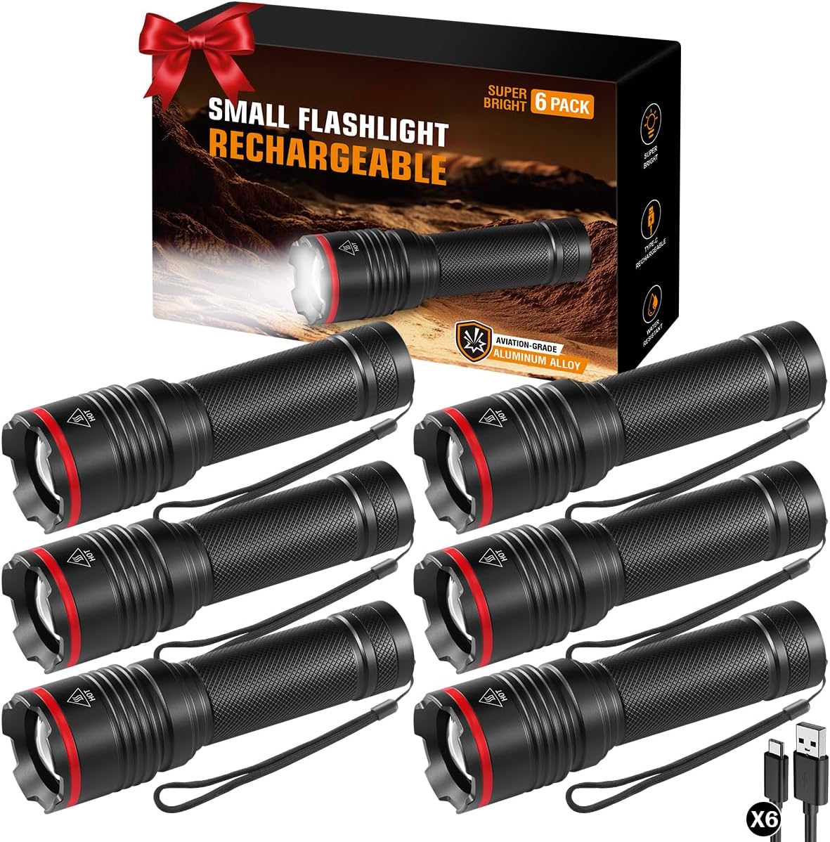 6Pack Rechargeable Flashlights High Lumens, Small Flashlight Powerful, Mini LED Flashlight Rechargeable, Handheld Tactical Flash Light, Super Bright Pocket Flashlights for Home Emergency Camping
