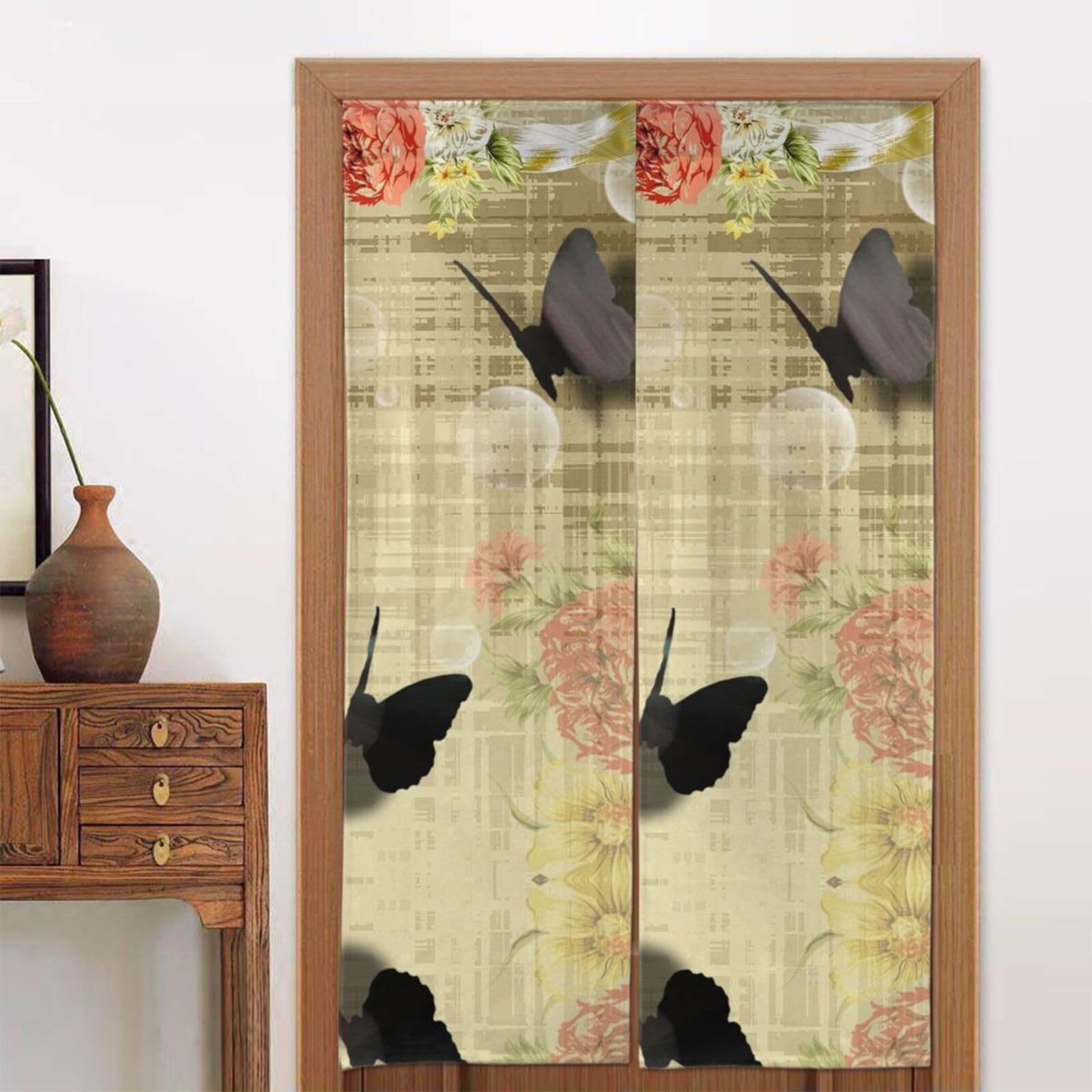 Rideau de porte japonais fleurs et papillons noren 86x142 cm