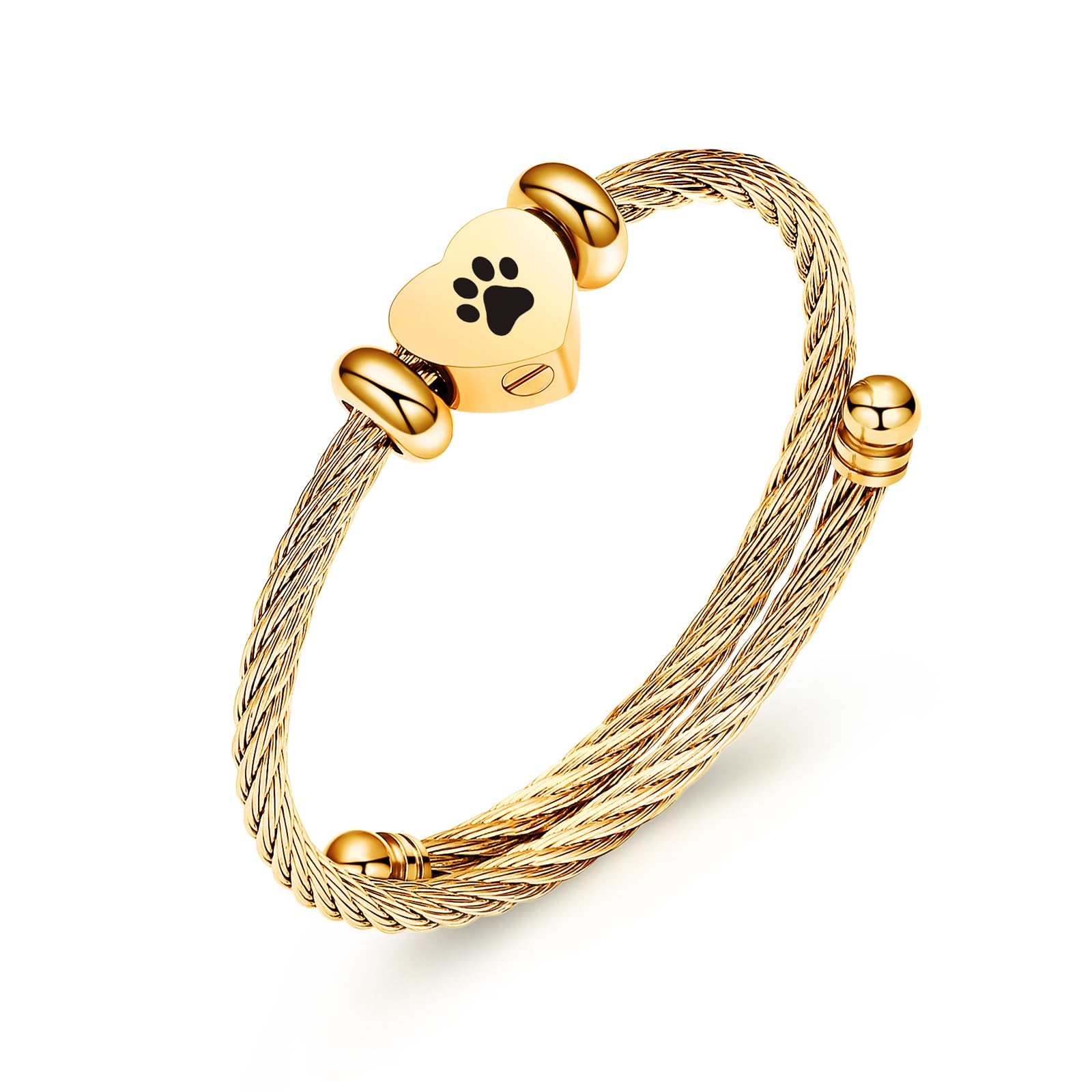 QGJNSGC Cremation Bracelet for Ashes Memorial Jewelry Stainless Steel Pet Paw Heart Shape Urn Pendant Bangle Loved Ones Funeral Ashes Holder Keepsake Gift (Gold Heart Paw)