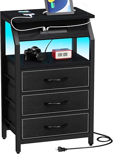 Miniatura 12 de Mesa auxiliar con luz, mesita de noche LED con 2 cajones y estación de carga tipo C, cómoda de tela pequeña para mesita de noche, mesa auxiliar de