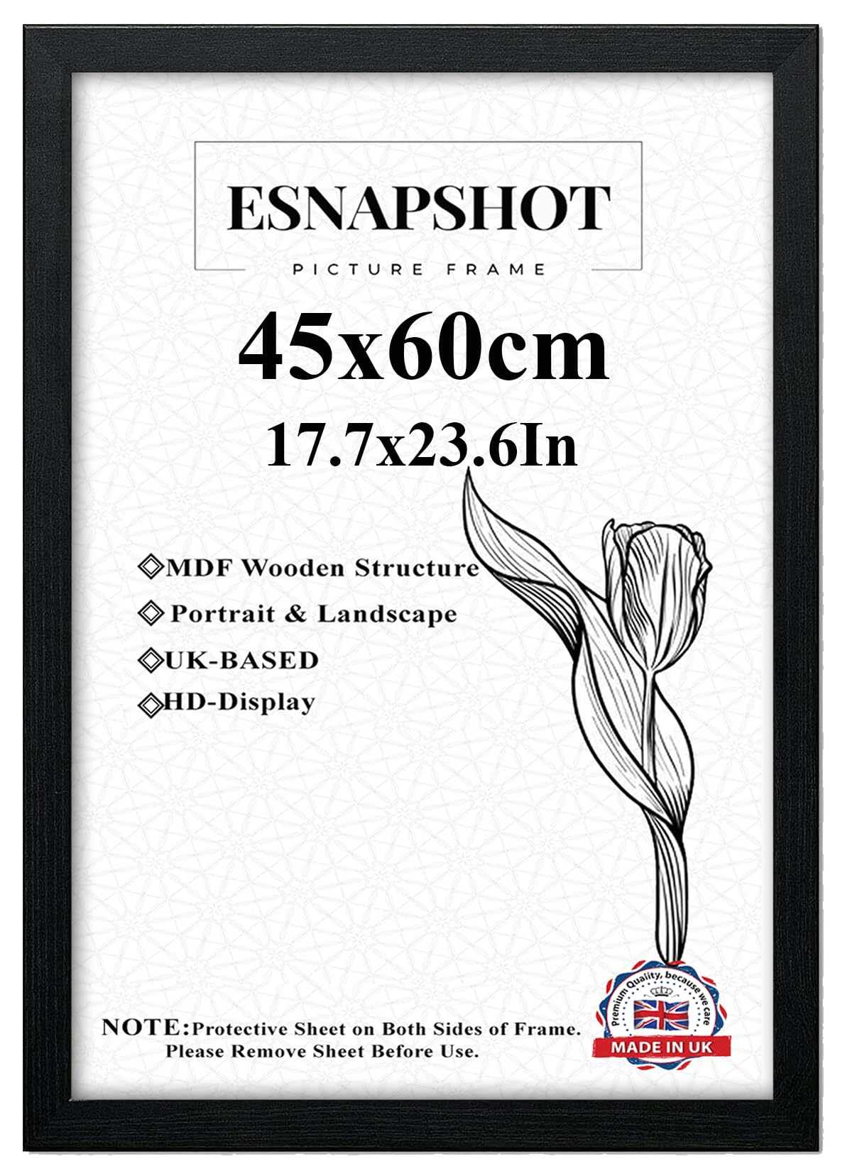 ESNAPSHOT 45x60cm BLACK Picture Poster Frame for Wall Mounting with Plexiglass, Solid Wood Poster Frames for Printing, Landscape & Portrait, home décor,Gallery Wall Art Décor.