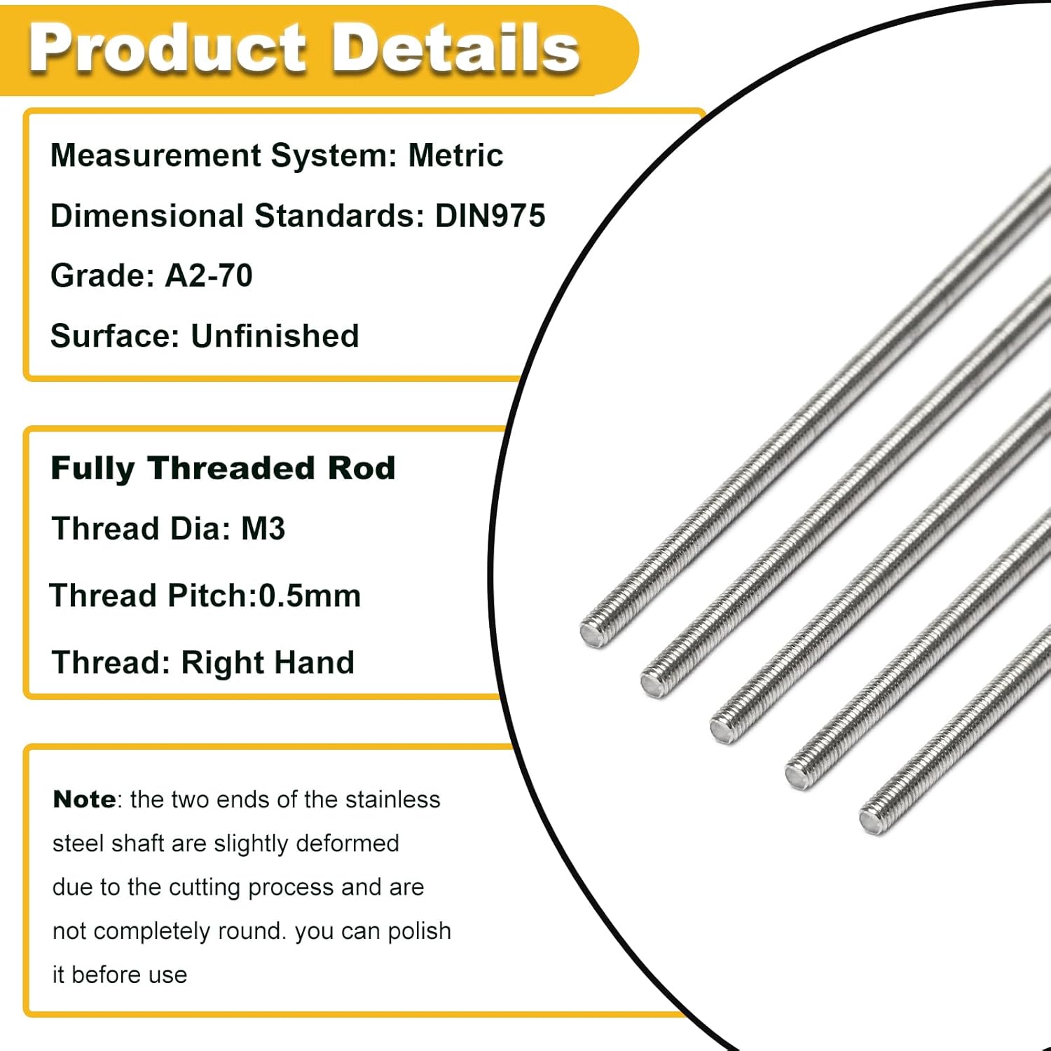 10pcs M3x150mm Fully Threaded Rod 304 Stainless Steel Right Hand Threads Metric Screws All Threaded Rod Studs for Anchor Bolts Clamps Hangers U Bolts RC Car