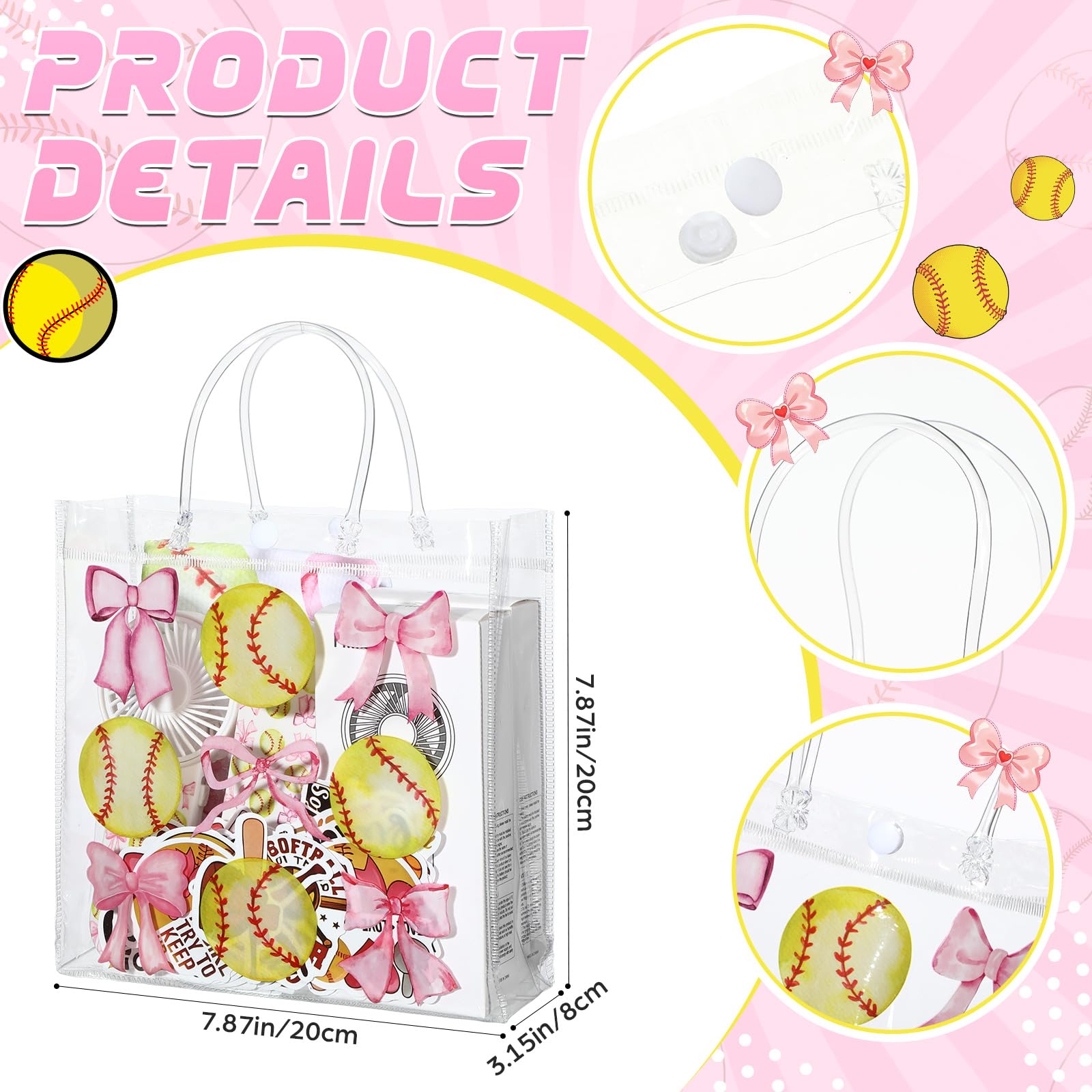 Tujoe 36 Pcs Softball Pink Bows Party Favors 40" x 12" Cooling Towel Portable Handheld Fan with Lanyards Clear Gift Bag with Handles and Stickers for Sport Team Gift, Battery Not Include