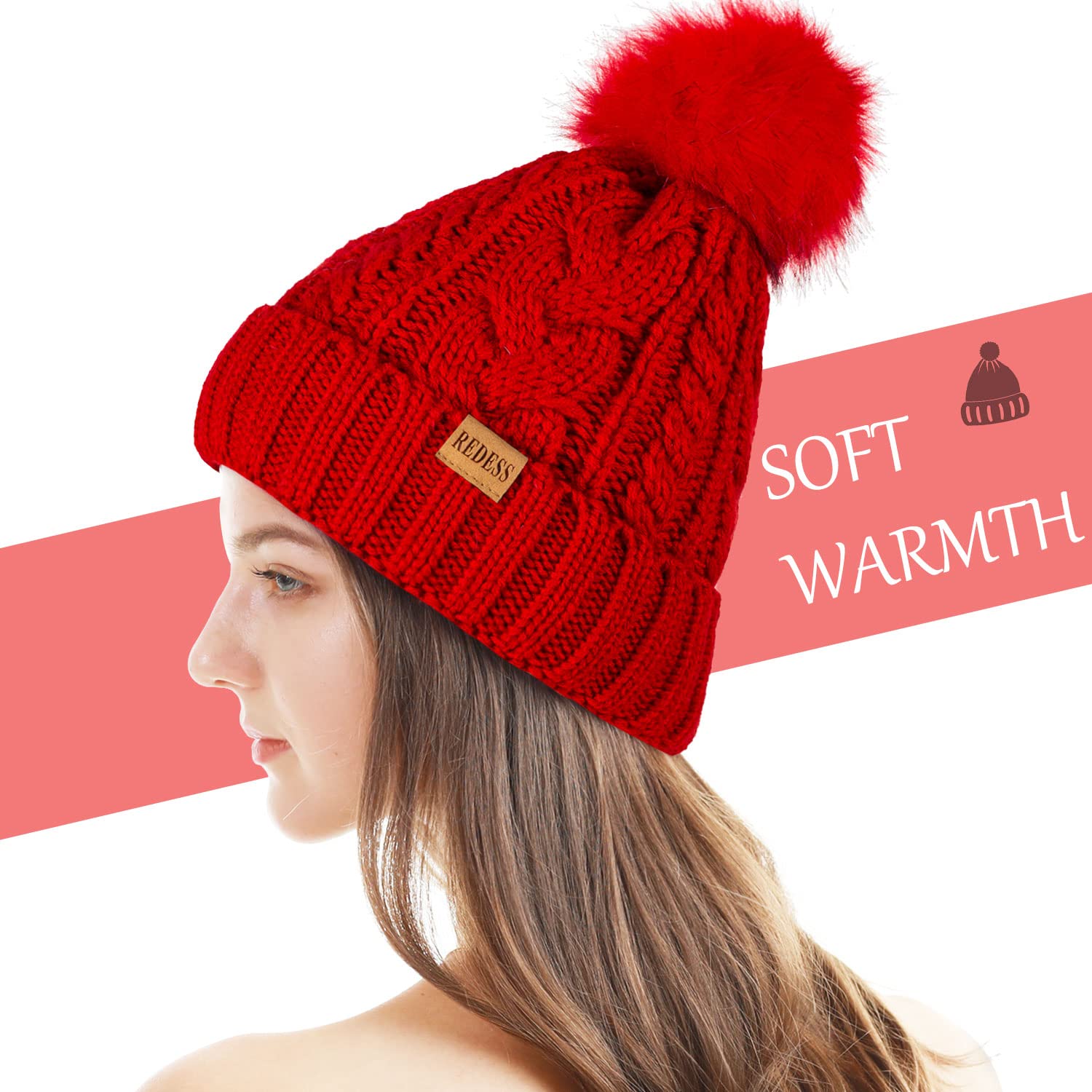 REDESS Cappello Invernale da Donna con Pom Pom Beanie Caldo Foderato in Pile Spesso Slouchy Snow Knit Chunky Baggy Skull Berretto da Sci