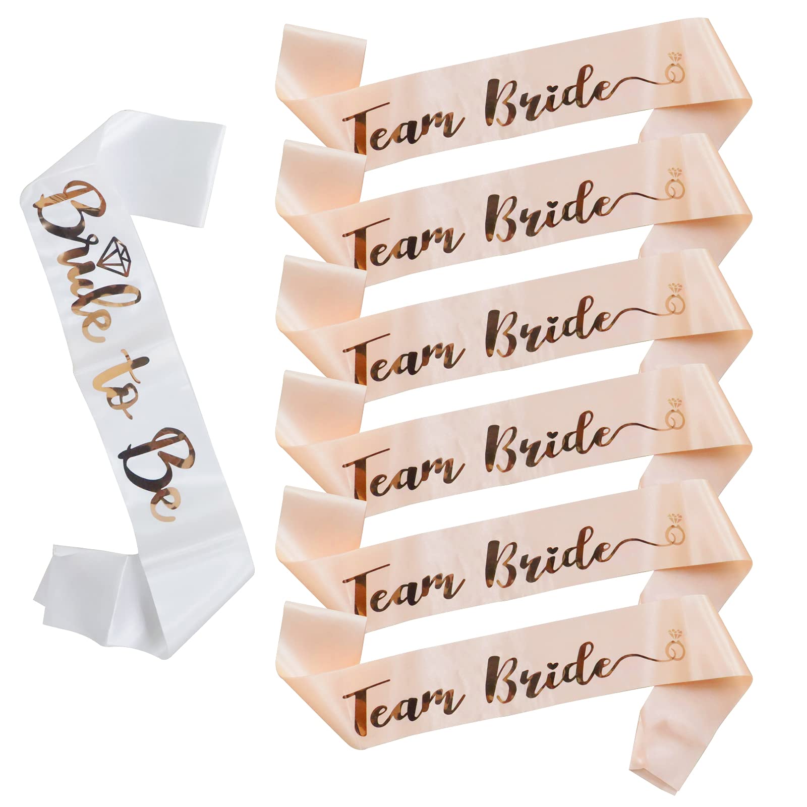 Team Bride Sash Set- 1 White Bride to Be Sash and 6 Team Bride Sashes Bachelorette Party Supplies with Shiny Rose-gold Font Bachelorette Sash Bridesmaid Sashes for Bridal Party & Wedding（7pcs）