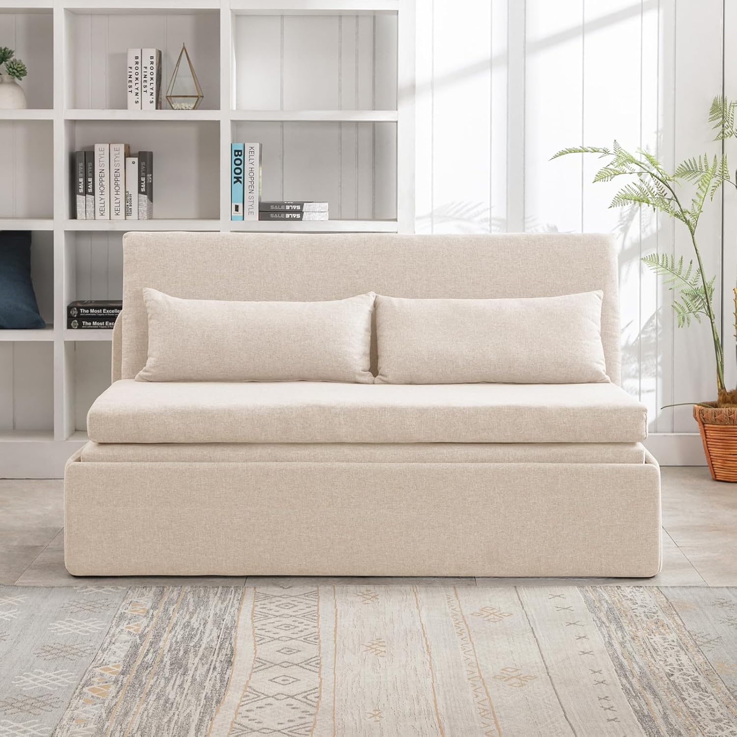 PUREMIND Twin Size Pull Out Sleeper Sofa Bed, Linen Convertible Sofa Bed with Foldable Mattress, Loveseat Couch Pull Out Bed with 2 Cushions for Small Place, Apartment, Office Beige