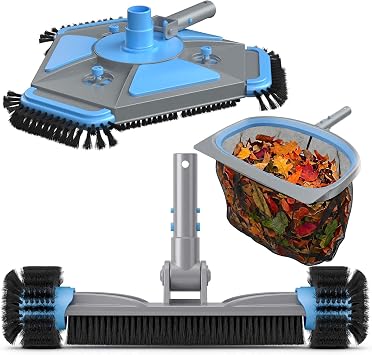 UIRWAY 3-in-1 Deluxe Swimming Pool Cleaning Kit - Includes Upgrade Heavy Duty Triangular Pool Vacuum Head, Detachable Brush, Deep Leaf Skimmer Net Inground & Above Ground Pools CleaningNo Pole