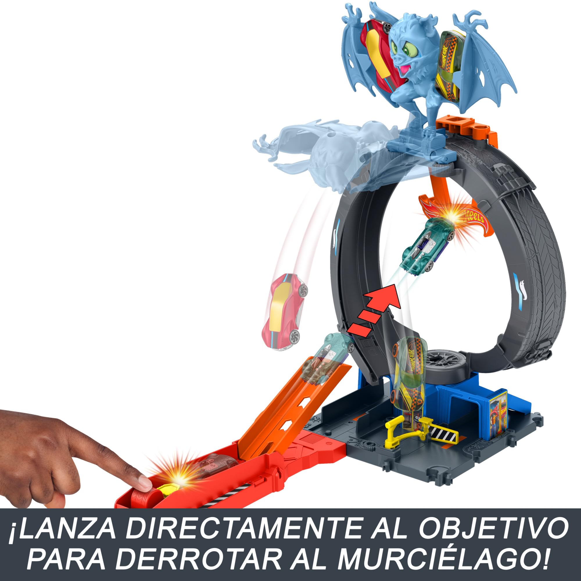 Hot Wheels City “Let's Race - ¡a Correr!” Netflix - Ataque del murciélago Tienda de neumáticos Pista para Coches de Juguete con Lanzador y looping Ajustable, Incluye 1 vehículo, +4 años (HTN78)