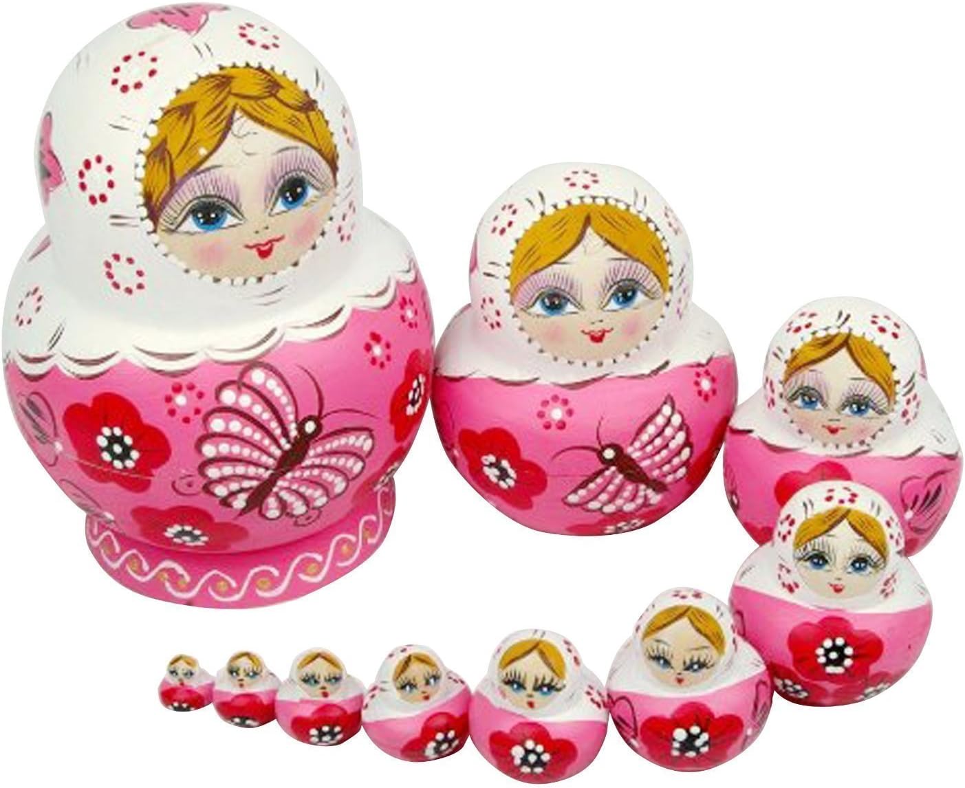 10pcs Pink Wooden Russian Nesting Dolls Gift Matreshka Handmade