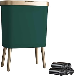Trash Can with Lid, Garbage Can with Push Button, Narrow Modern Waste Basket for Kitchen, Slim Dogproof Bedroom Garbage Bin , 15L Bathroom Trash Can for Home, Living Room, Bedroom, Office (Green)