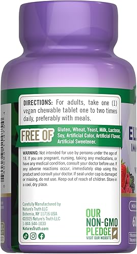 Miniatura 7 de Nature's Truth Complejo inmunológico de saúco | 60 tabletas masticables | Más vitamina C y zinc | Mezcla de bayas | Suplemento vegano, sin OMG y sin