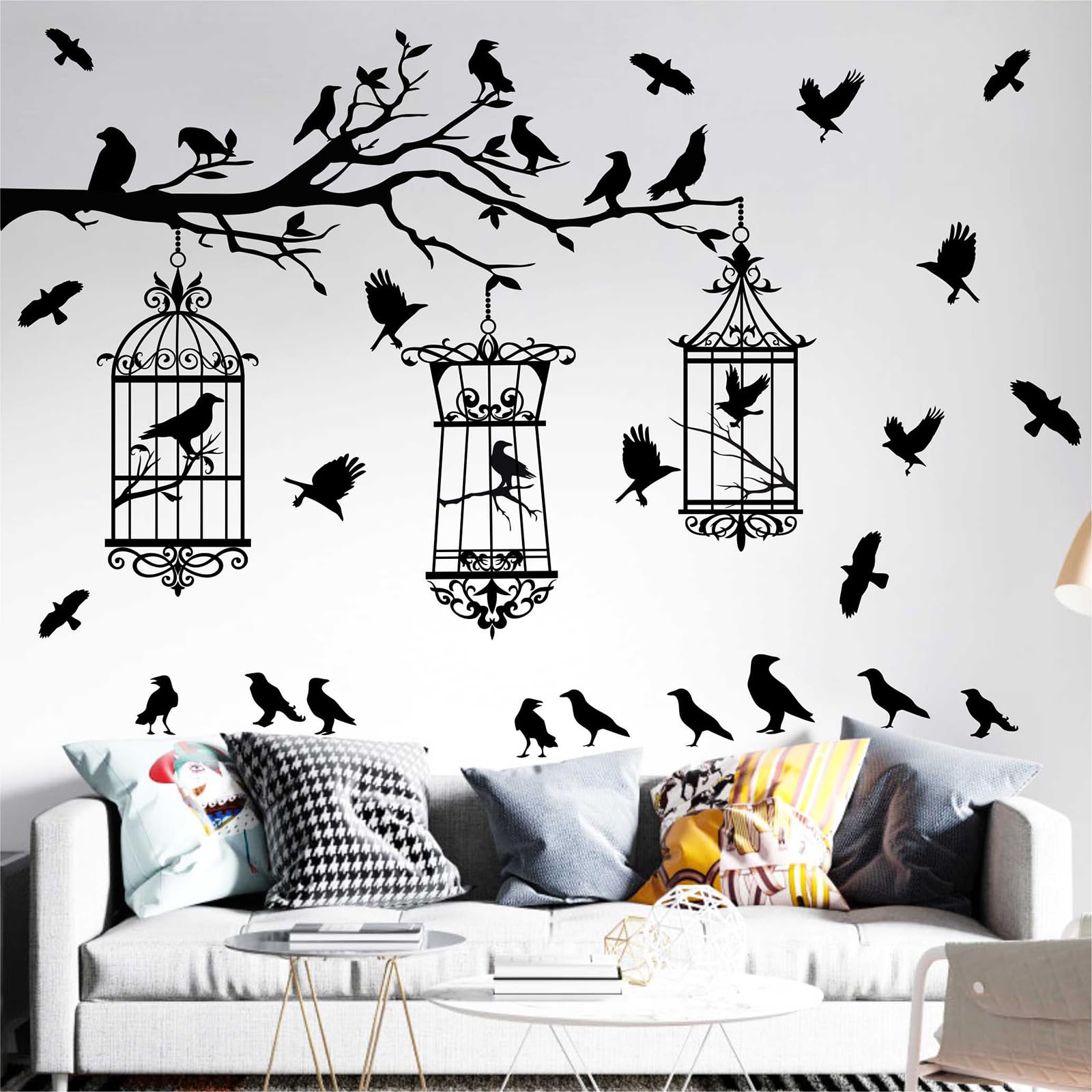 MOSITU Crow Wall Decals 34 Pcs Black Raven Stickers with Tree Branch and Bird Cage Removable Vinyl Wall Art for Bedroom Living Room Goth Farmhouse Decor - Image 4