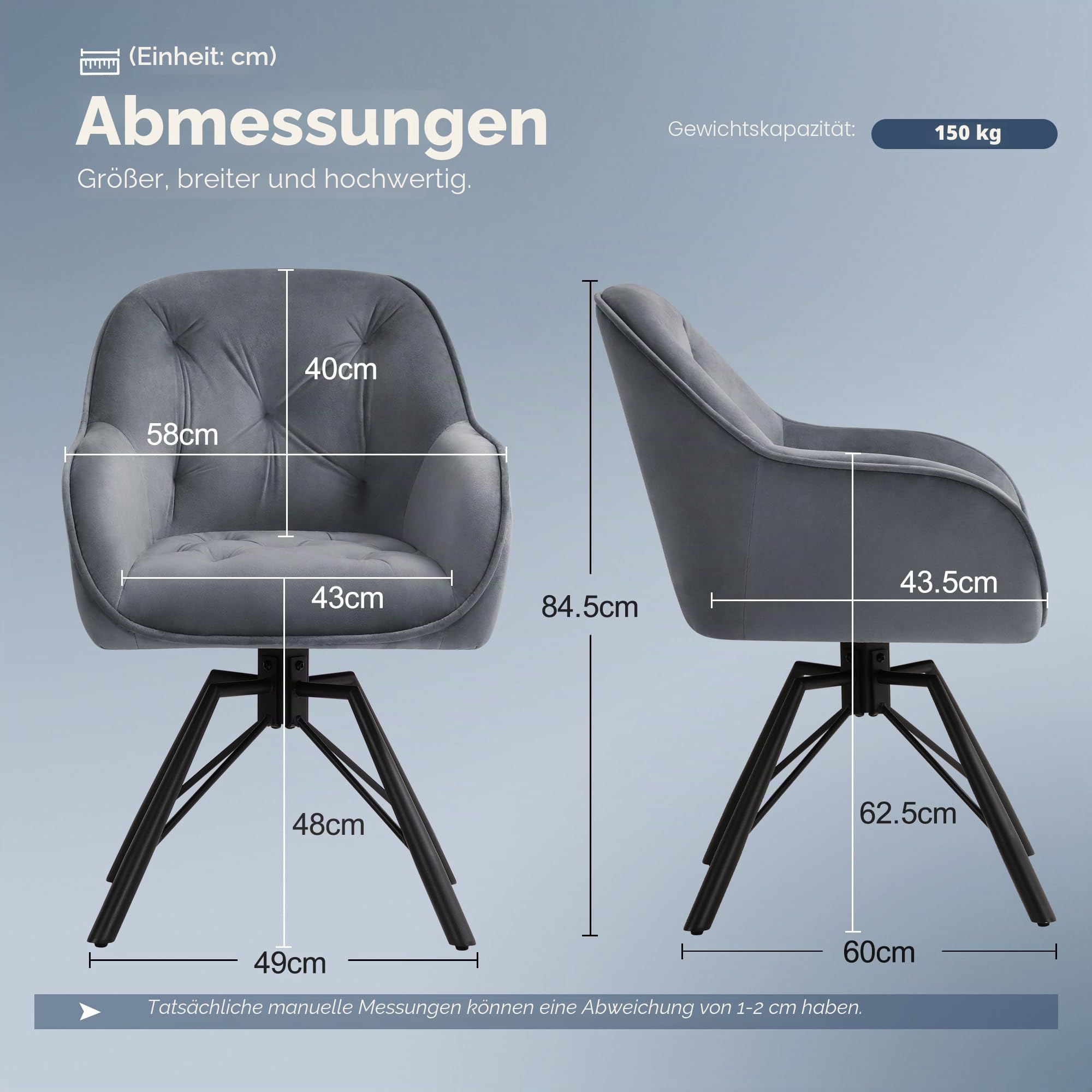 ELUCHANG Esszimmerstühle 4er Set, 360°Drehbar, Mehrschichtiger Dicker Schaumstoff Stuhl mit Hohen Armlehnen, Grau Samt, Gekreuztes Metallgestell bis 150KG Belastbar, für Schlafzimmer Küche Wohnzimmer