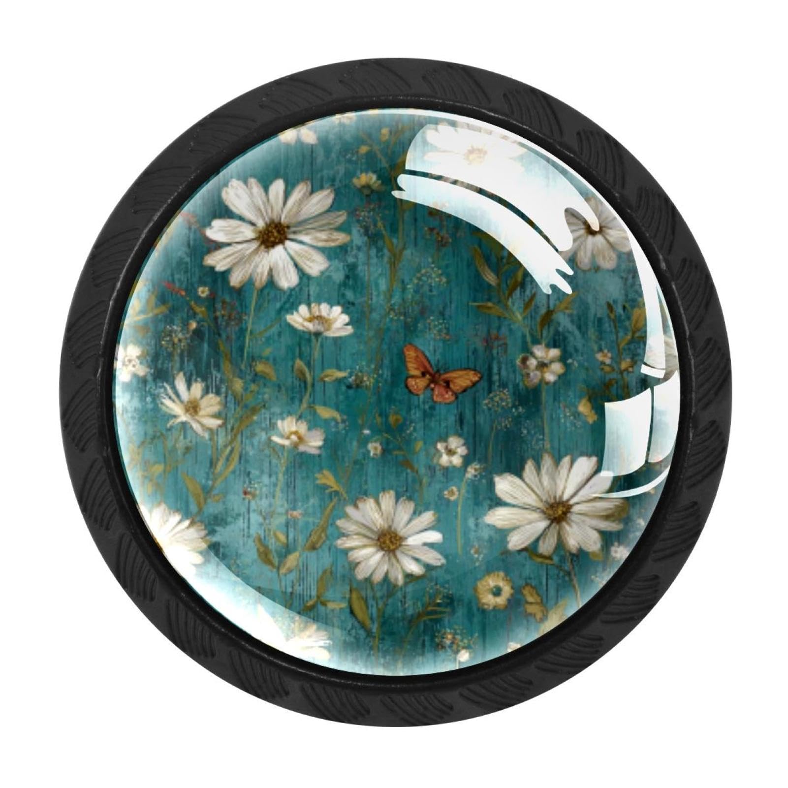 CHENZZZZ 4 Pieces Rustic Teal Daisy Butterfly Farmhouse (3) Kitchen Cabinet Knobs Drawer Knobs Dresser Knobs Black Knobs Drawer Pulls Dresser Drawer Handles Knobs for Dresser Drawers
