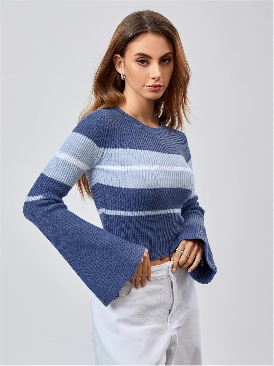 SweatyRocks Women's Color Block Striped Sweater Casual Bell Sleeve Crew Neck Cropped Tops Shirts - Image 3