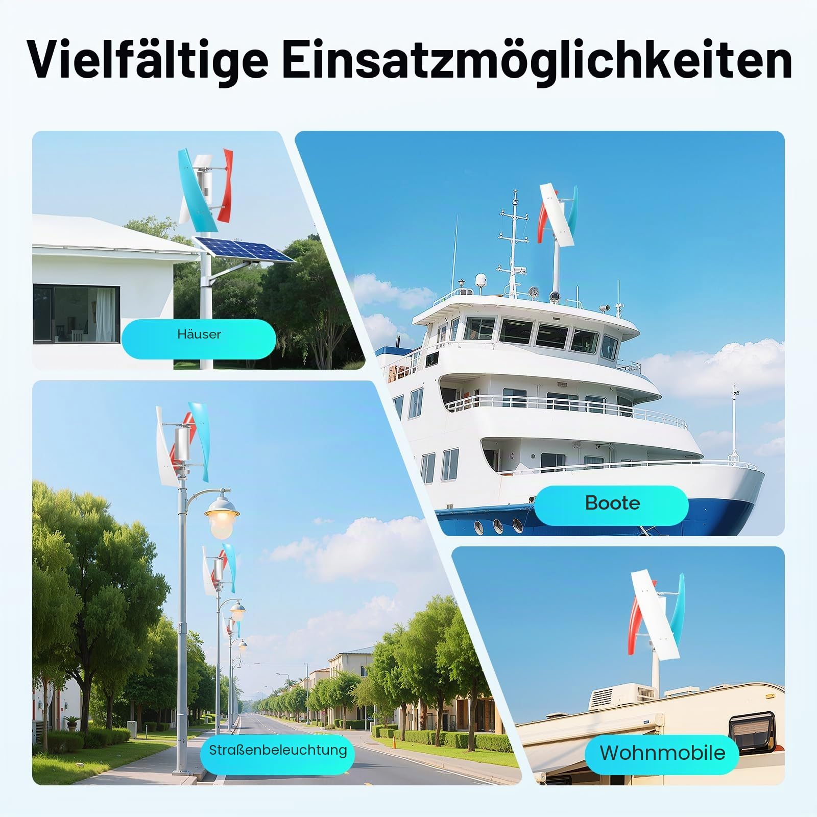 OUKANING Windkraftanlage Vertical Axis 12V Windrad mit 3 Farbigen Rotorblättern, Leise und Vibrationsarm, Niedrige Startwindgeschwindigkeit 1.3m/s, IP67 Schutz für Garten, Boot, Wohnmobil