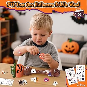 Halloween Pumpkin Bubble Wand for Kids - 2 Pack Automatic Bubble Machine Blower Toys for Toddlers 3-8 with LED Lights, Music Function, DIY Stickers,10 Refill Solutions, Halloween Party Favors Gifts