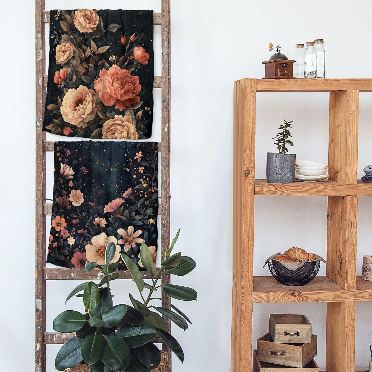 Flowers Bath Hand Towels Set of 2 Absorbent Retro Fantasy Moon Stars Gothic Flowers Bathroom Kitchen Towels Set of 2 Lightweight Breathable Face Towels for Bathroom Gym Hotel 14"x28" - Image 7