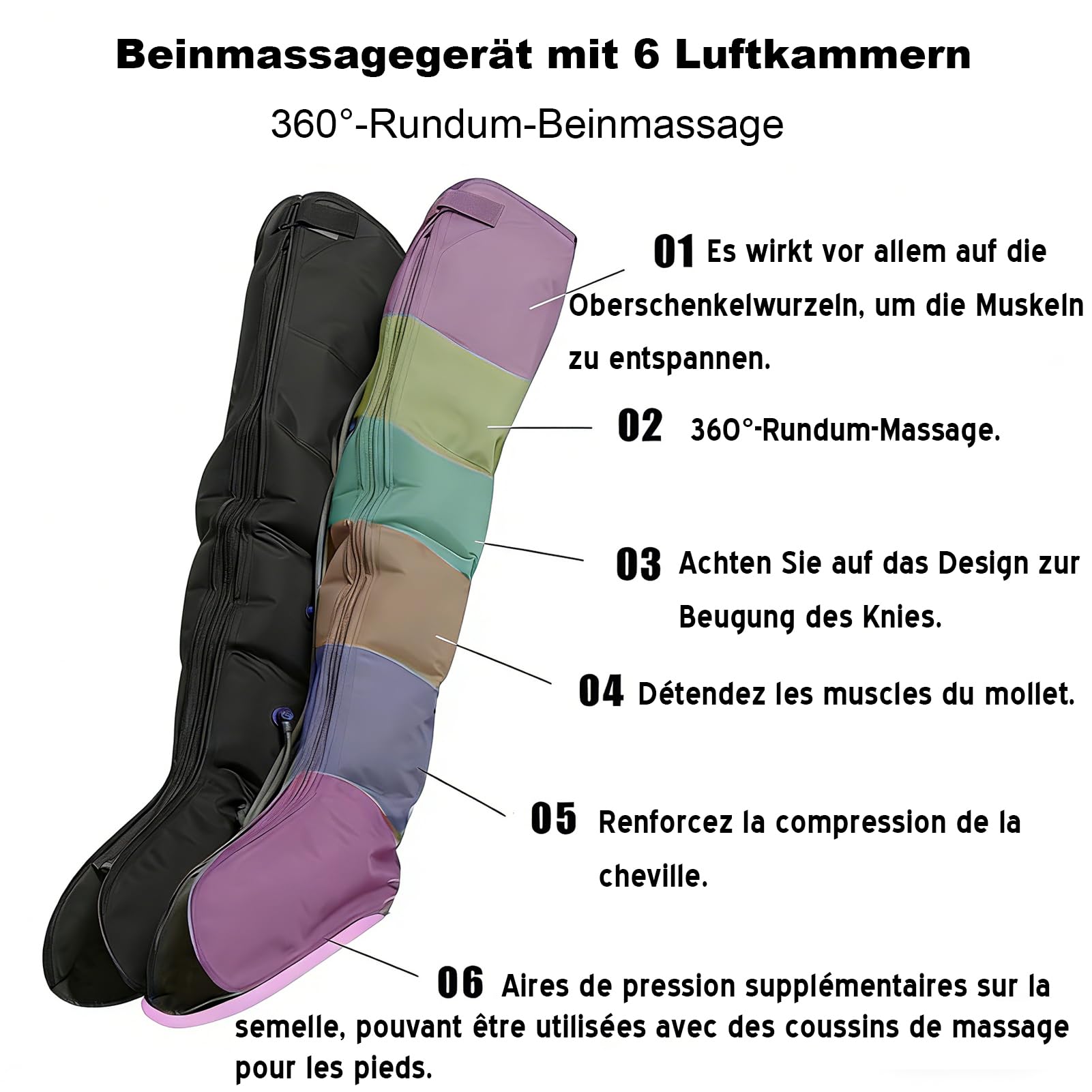 Lymphdrainage Gerät Beine | Lymphdrainage Gerät Bein Bei Lipödem Massagegerät | 6 Luftkammern Beinmassagegerät | Professionelle Pressotherapie Massagegerät (Schwarz 2 Beine+2Arme+Bauch, Groß)