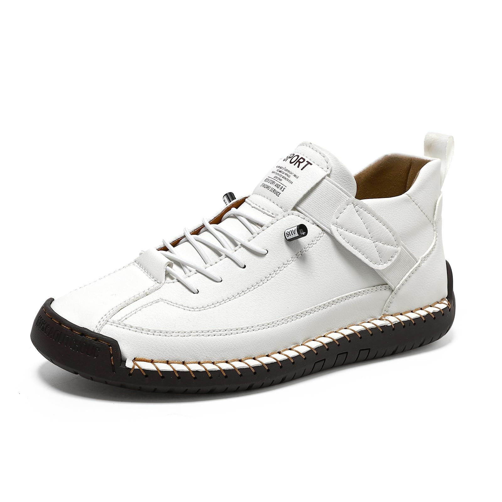 Womens Hand Stitching Leather Slip-On Ankle Boots with Adjustable Elastic Band Casual Lightweight Non-Slip Walking Loafers Retro High