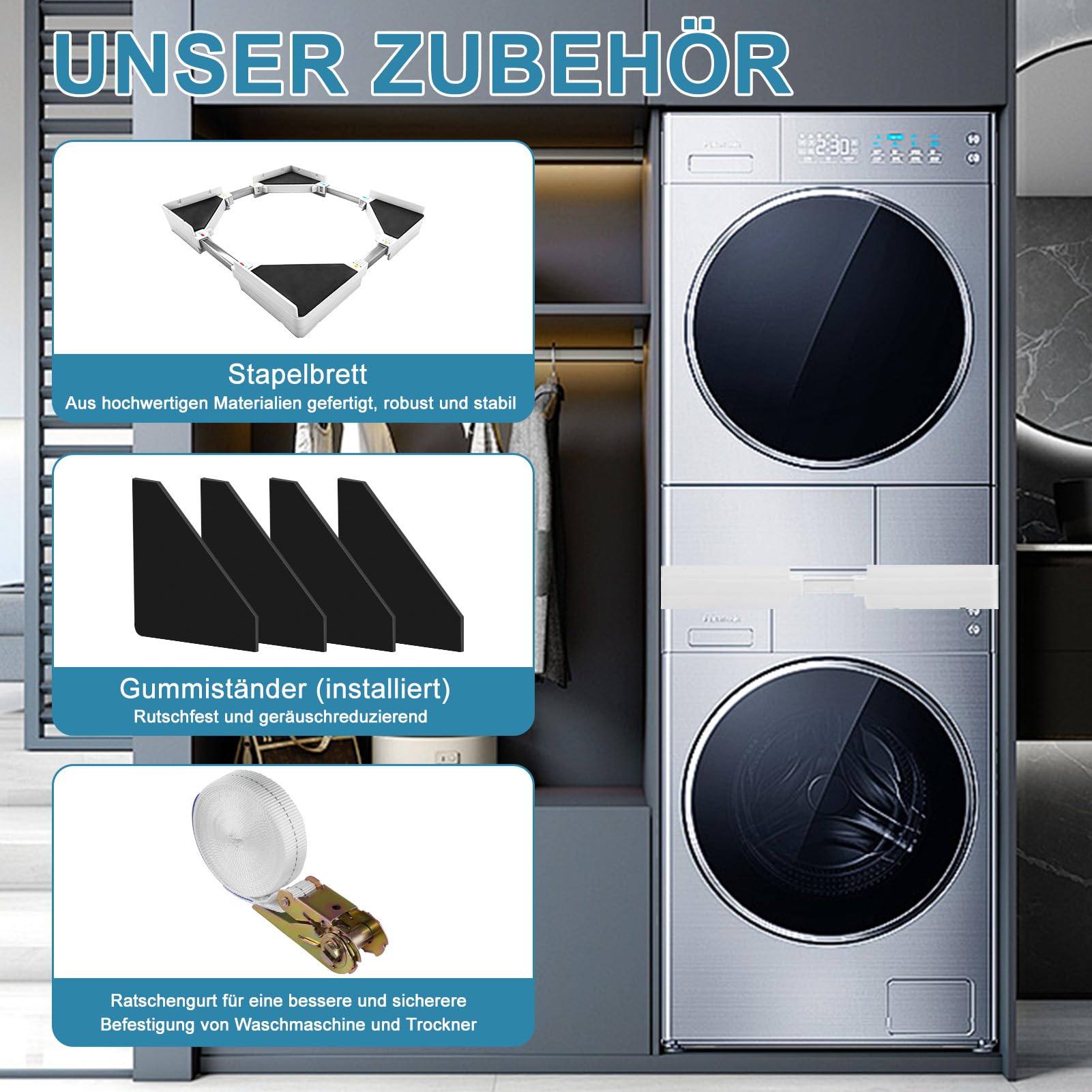 Waschmaschinen Untergestell, Zwischenbaurahmen Trockner Waschmaschinen, Universal Verbindungsrahmen Set für Waschmaschine und Trockner Stapelbausatz mit Ratschenseil, Einstellbare Breite von 45-70cm