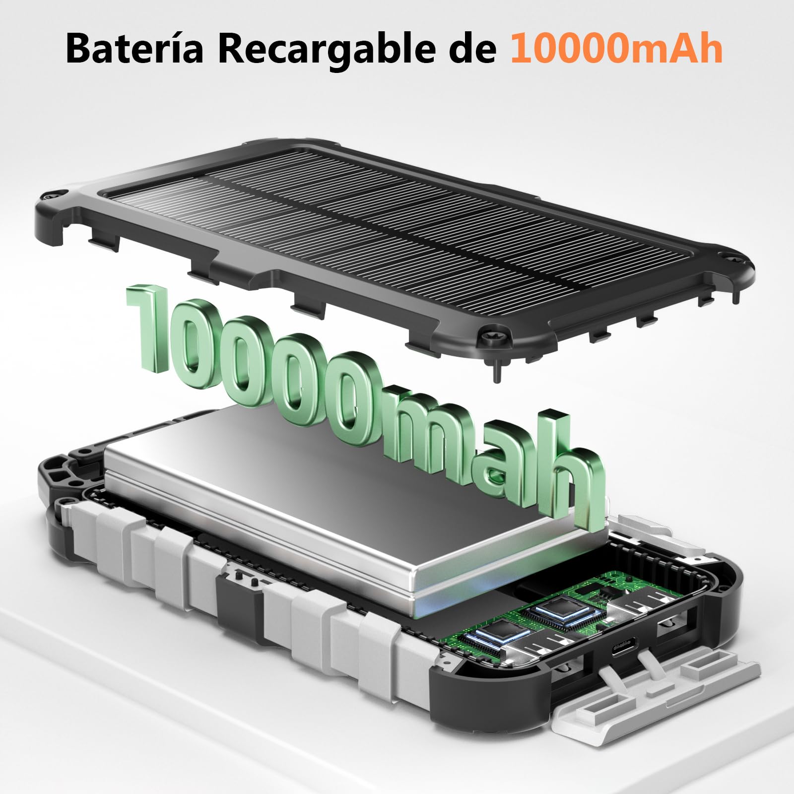 Cargador Solar 10000mAh, Power Bank Solar Batería Externa Portátil PD22.5W USB C Carga Rápida Impermeable 3 Salidas y 2 Entradas con Linterna LED para Moviles Tabletas Etc.
