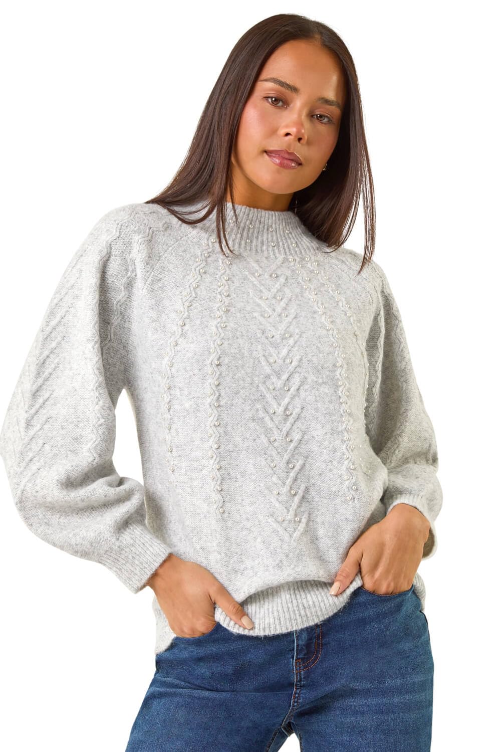 Roman Petite Cable Knit Embellished Jumper for Women UK - Ladies Everyday Autumn Winter Round Neckline Comfy Soft Evening Vacation Work Party Night Out - Petite Grey - Size 14