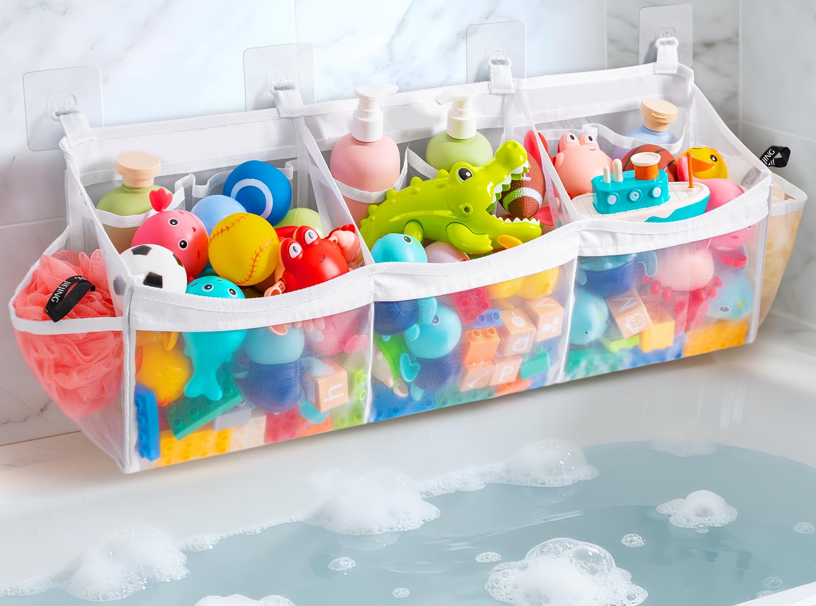 Photo 1 of Criusia Extra Large Bath Toy Organizer with 3 Compartments and Multiple Pockets, Quick-Dry Mesh Bathtub Storage for Kids' Toys