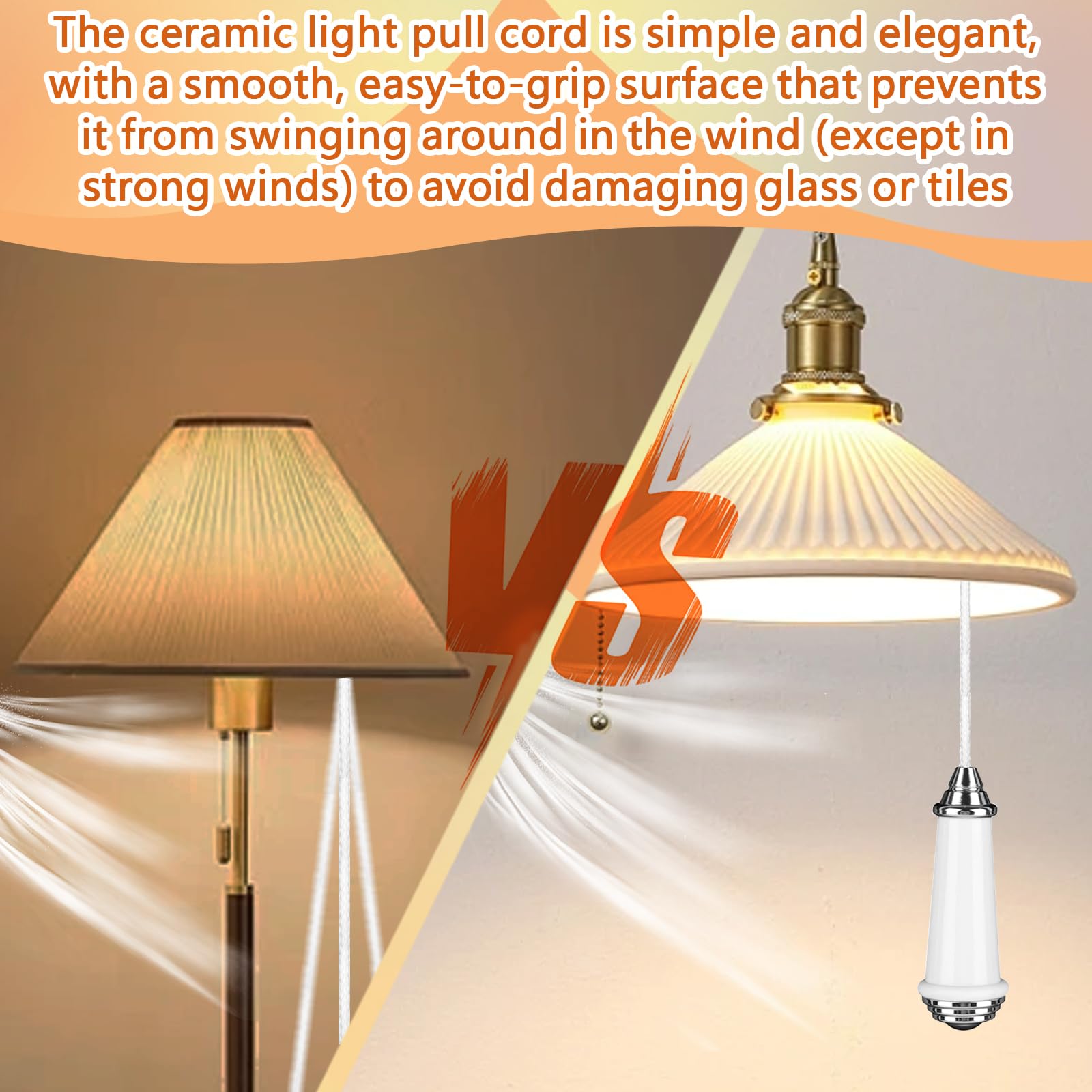 2 Pcs Ceramic Bathroom Light Pull Cord, Ceramic Light Pull Cord with 100cm Light Pull Cord Extension and 2 pcs Cord Connector, Pull Cord Light Witch Bathroom for Toilet Light Ceiling Light Fan - Image 4