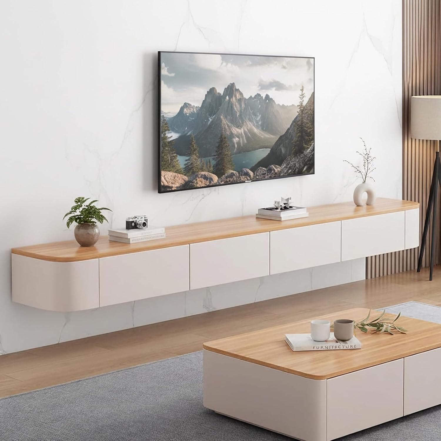 Floating TV Stand with Drawers, Pre-Assembled Wall Mounted TV Console, Modern Floating Media Console for Living Room, Space-Saving Floating TV Cabinet (Wood+White, 94.5in/240cm)