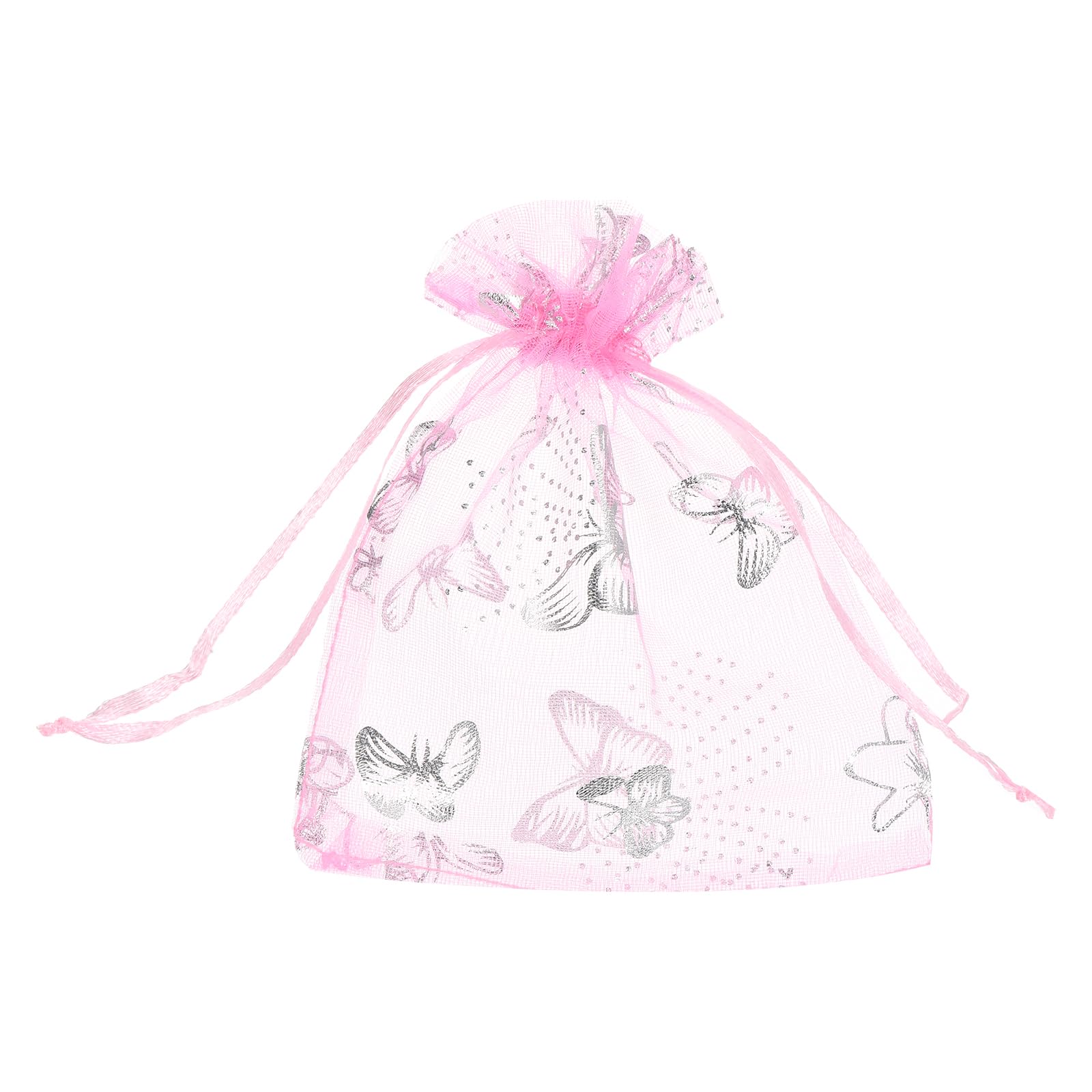 sourcing map Organza Bag 4" x 5", Sheer Butterfly Mesh Bags Drawstring Gift Bags Bulk Party Favor Bag Jewelry Pouches for Wedding Candy Valentines (Pink-Silver, Pack of 100)