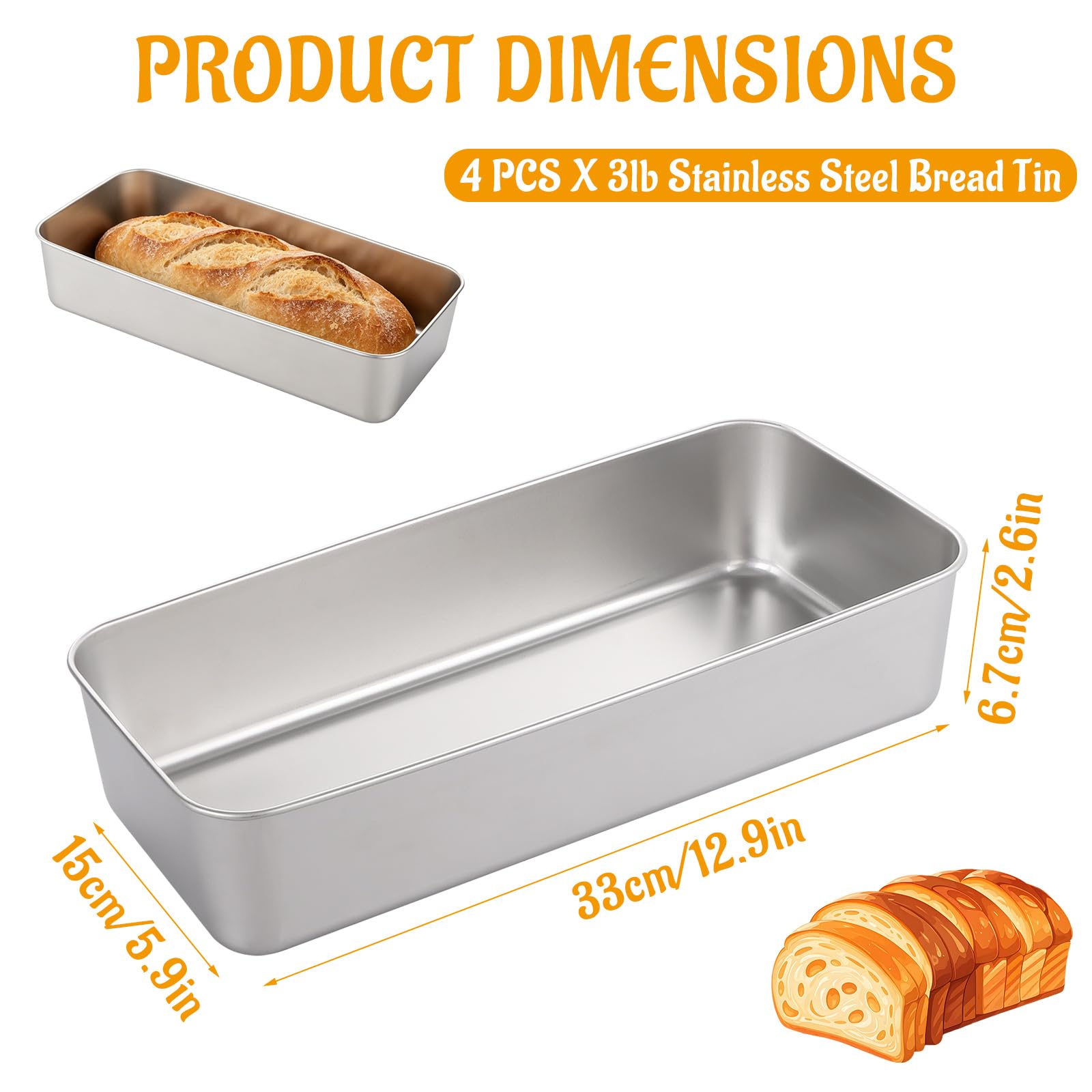 WOPPLXY 4 teglie rettangolari per pane, in acciaio inox, da 1,4 kg, 33 x 15 x 6,7 cm, per pane alla banana, pagnotte, polpettone, lasagne, argento lavabile in lavastoviglie