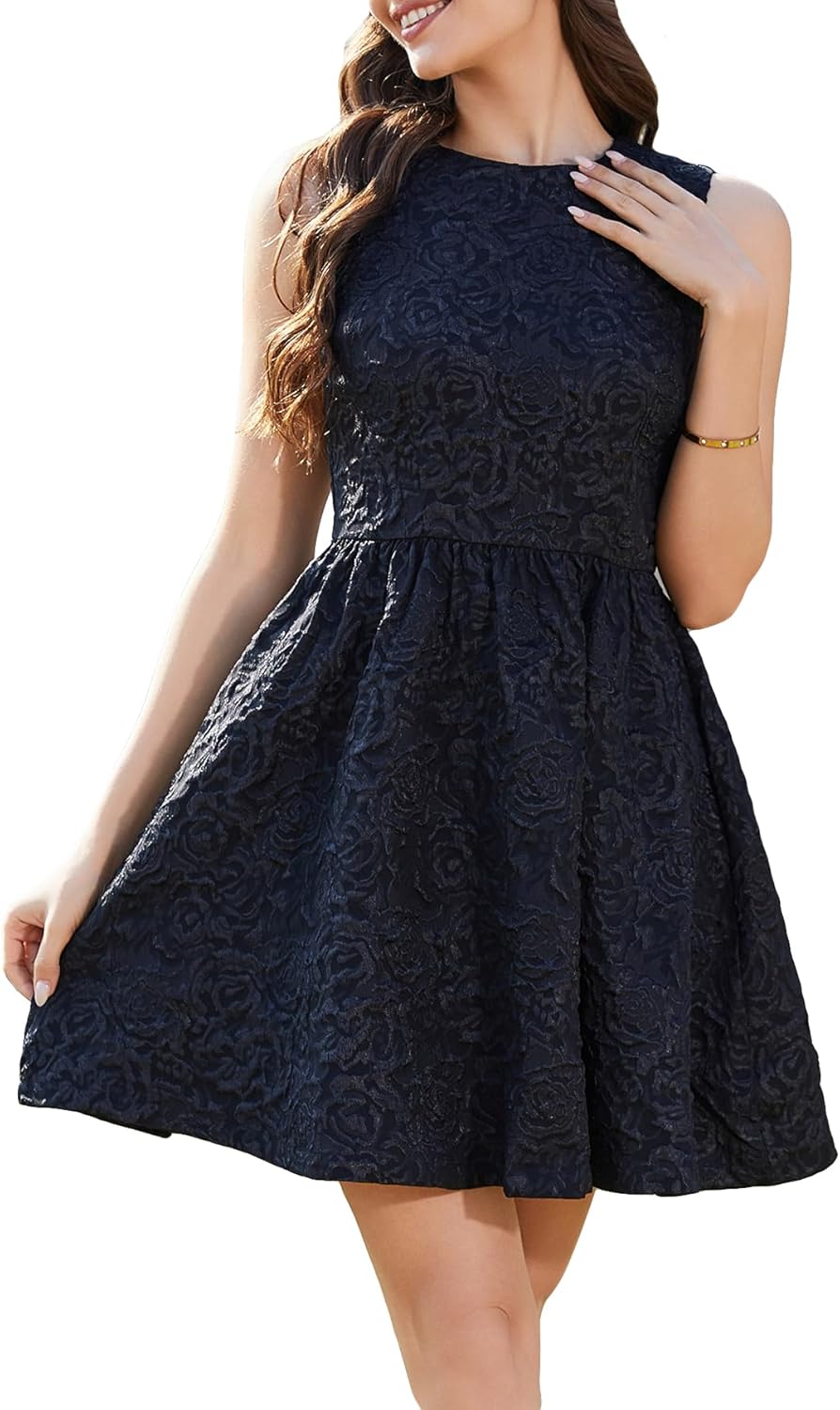 Ladyful Women’s Sleeveless Floral Jacquard Mini Dress Crew Neck Bow Tie Cocktail Dress Elegant Short Backless Sundress - Image 6